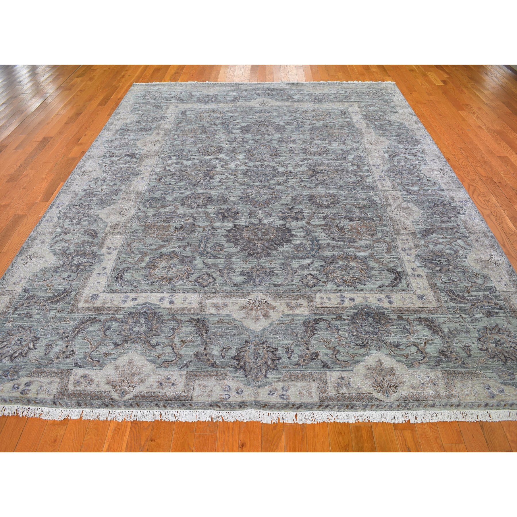 8-10 x11-10  Light Green Pure Silk With Textured Wool Mughal Design Hand Knotted Oriental Rug 