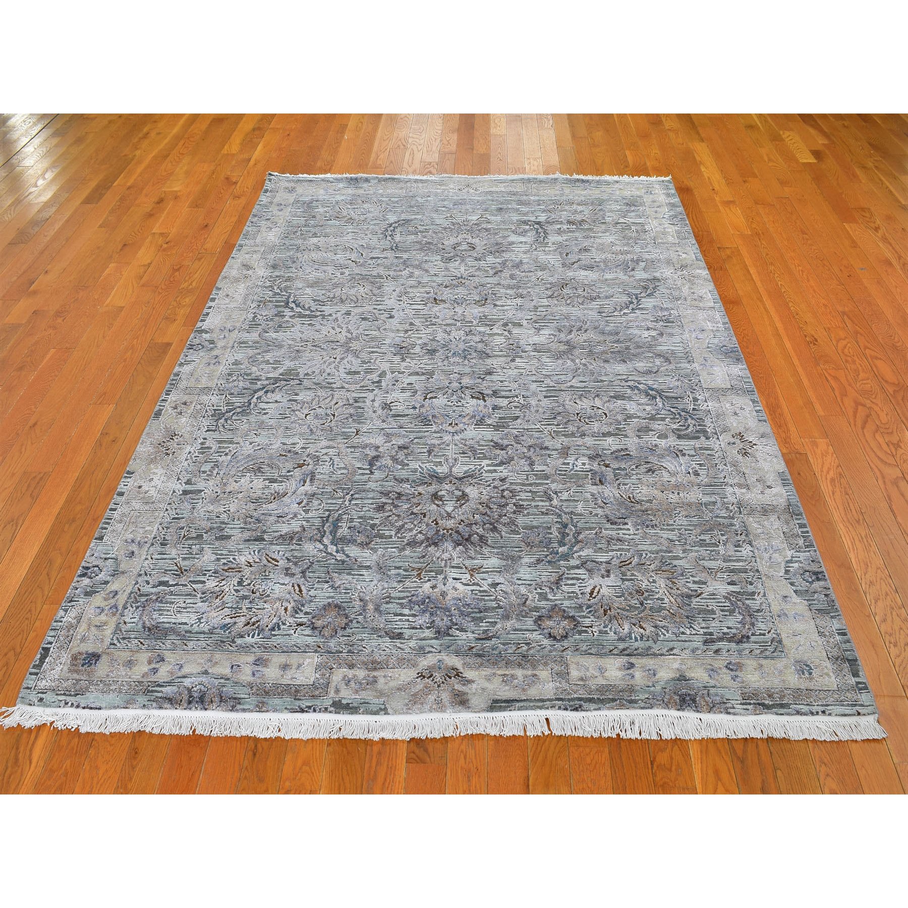 6-1 x9-1  Light Green Pure Silk With Textured Wool Mughal Design Hand Knotted Oriental Rug 