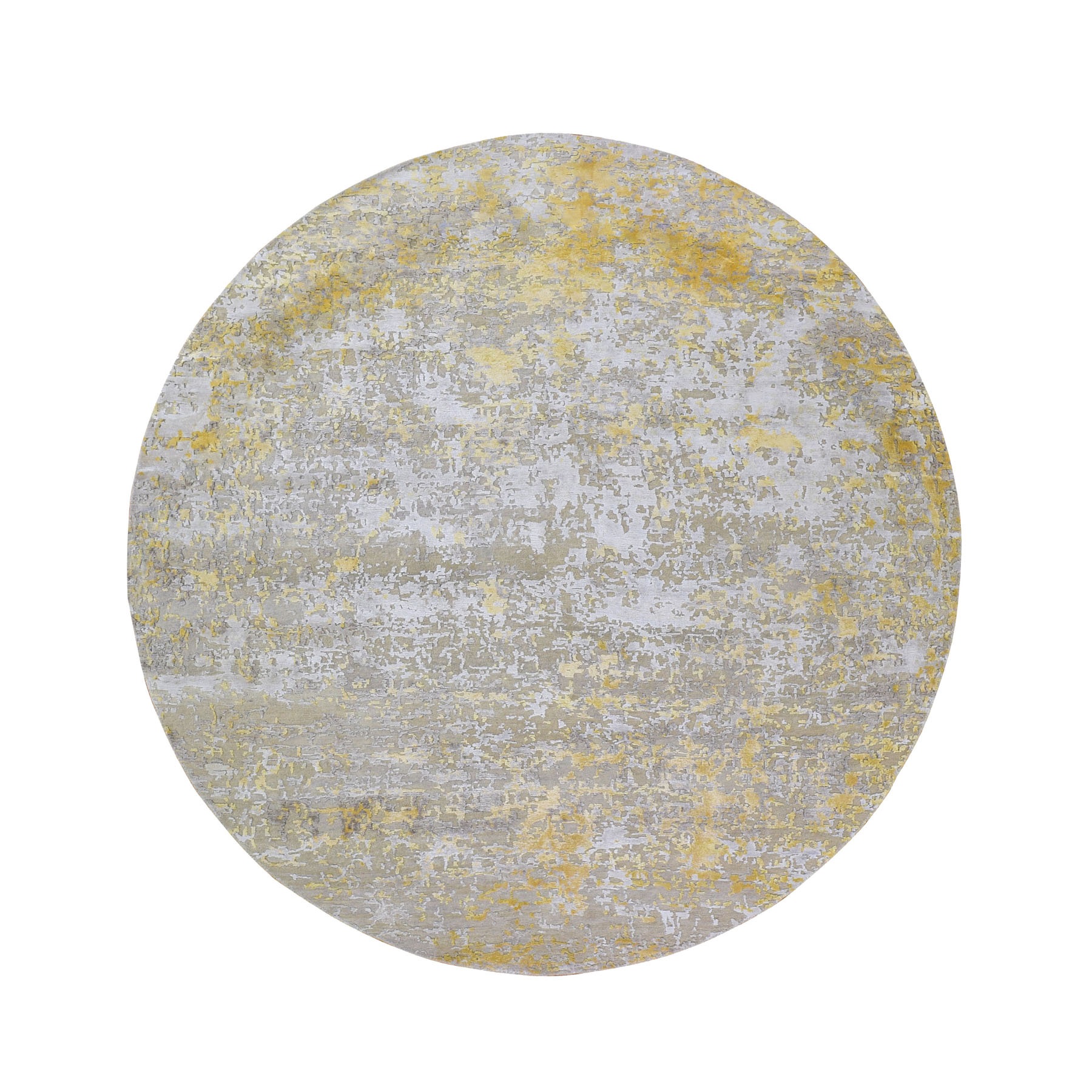 8-x8- Round Gold Hi-Lo Pile Abstract Design Wool And Silk Hand Knotted Oriental Rug 