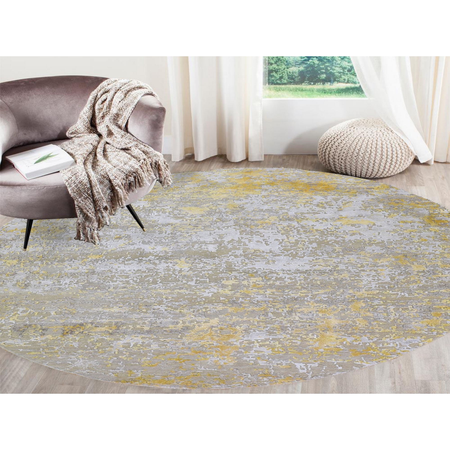 8-x8- Round Gold Hi-Lo Pile Abstract Design Wool And Silk Hand Knotted Oriental Rug 