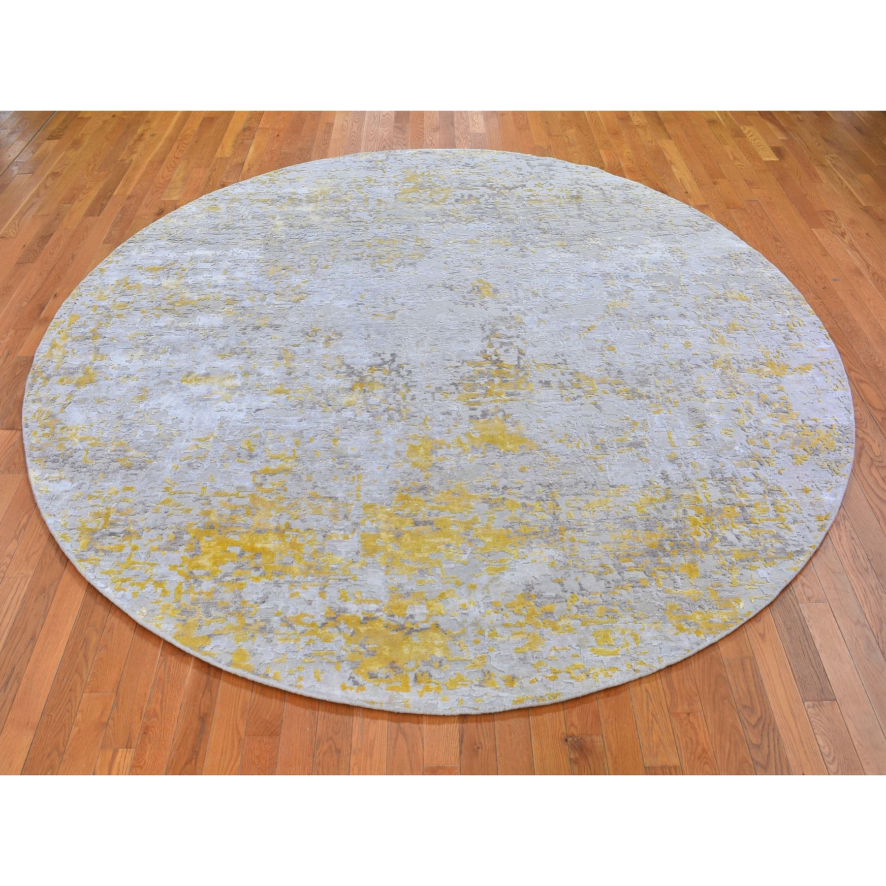 9-9 x9-9  Round Gold Hi-Lo Pile Abstract Design Wool And Silk Hand Knotted Oriental Rug 