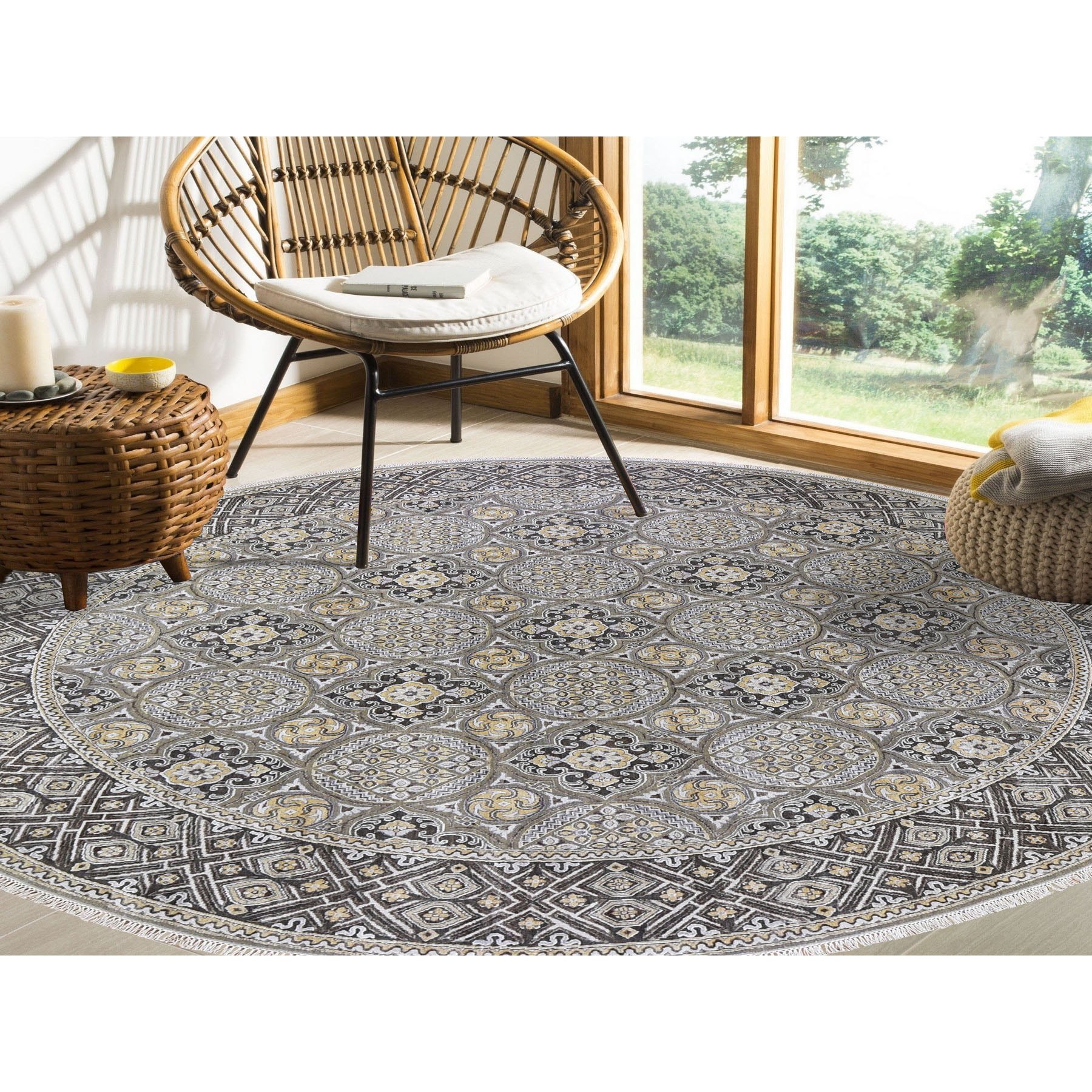 12-1 x12-5  Oversized Round Silk With Textured Wool Mughal Inspired Medallions Hand Knotted Oriental Rug 