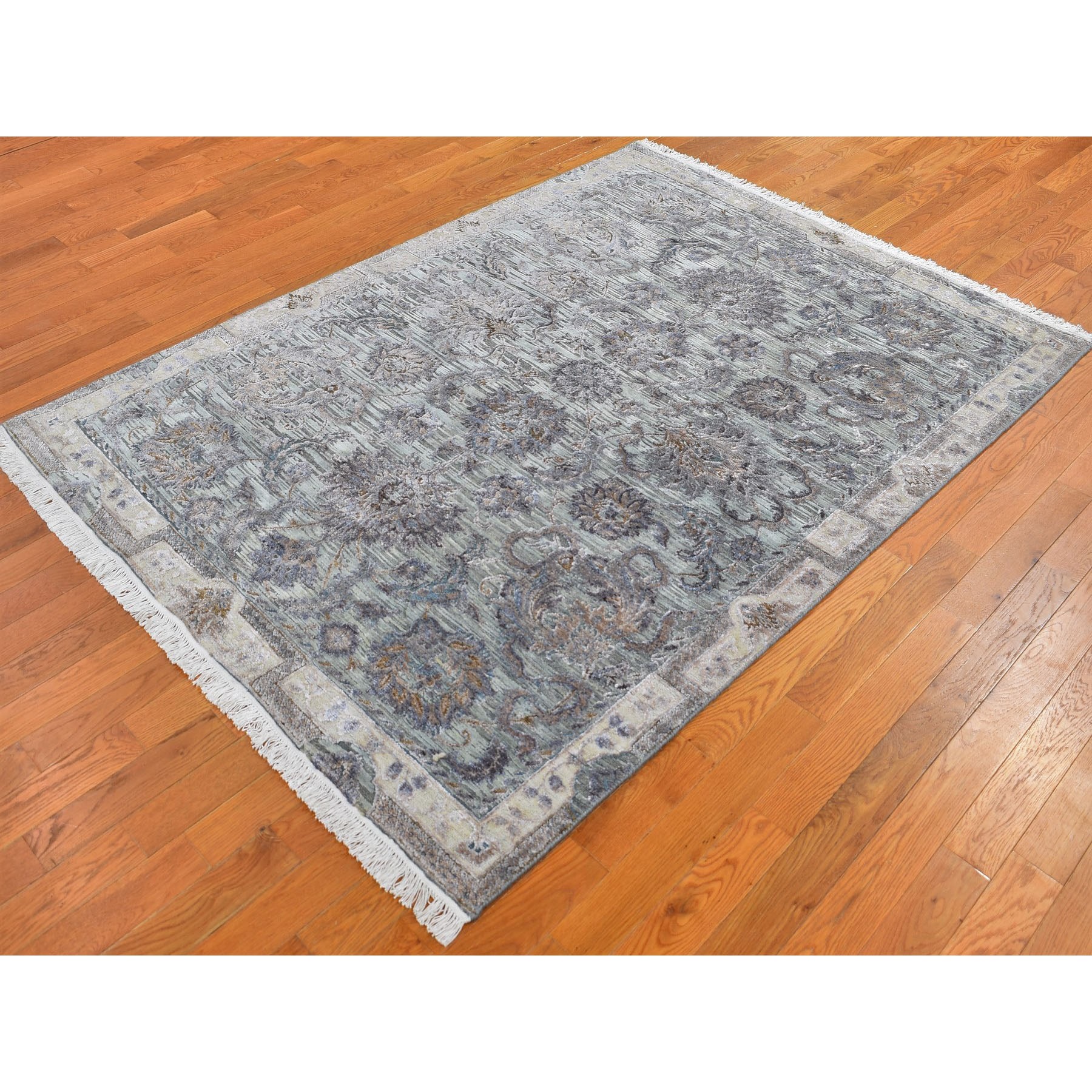 5-x6-10  Light Green Pure Silk With Textured Wool Mughal Design Hand Knotted Oriental Rug 