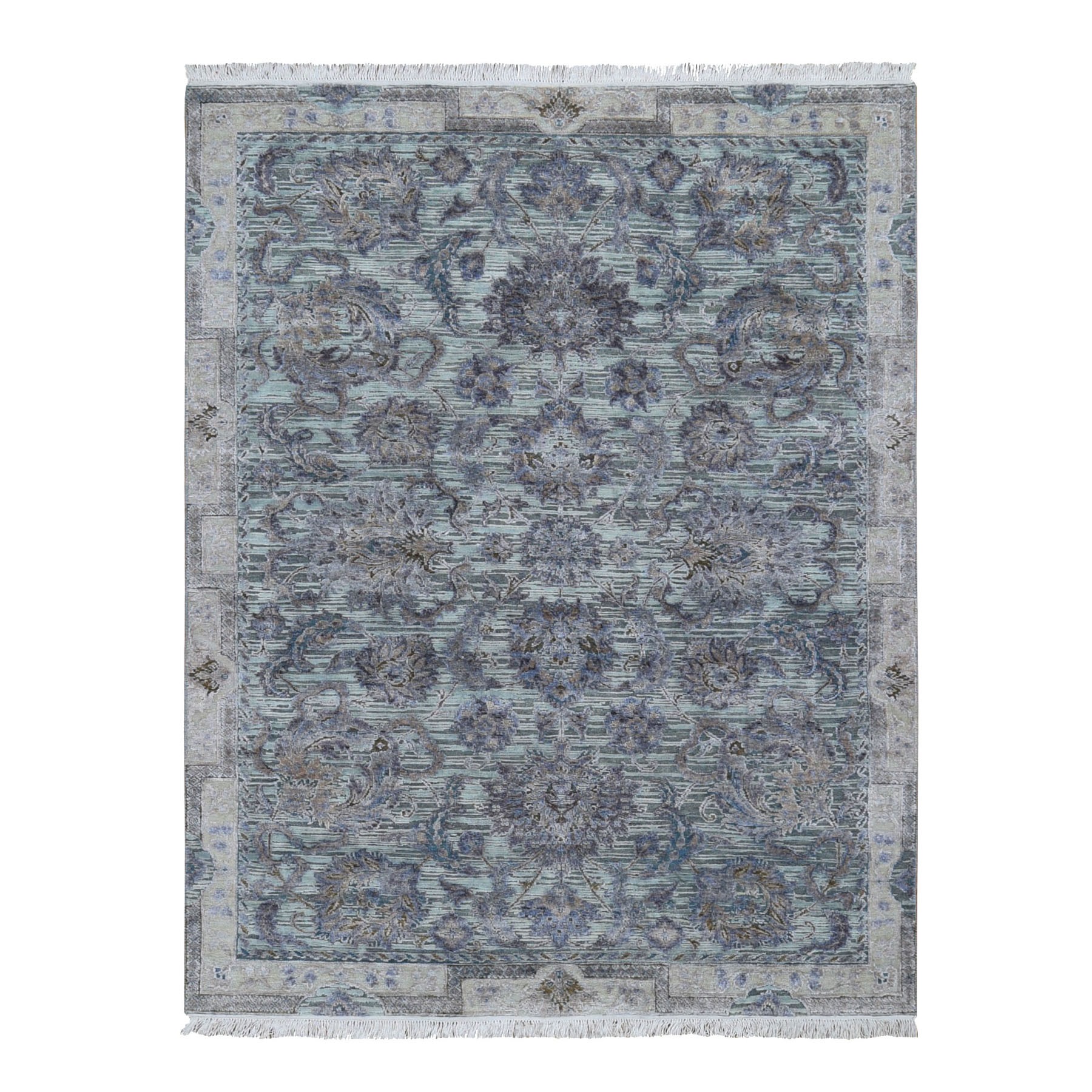 8-2 x10-2  Light Green Pure Silk With Textured Wool Mughal Design Hand Knotted Oriental Rug 
