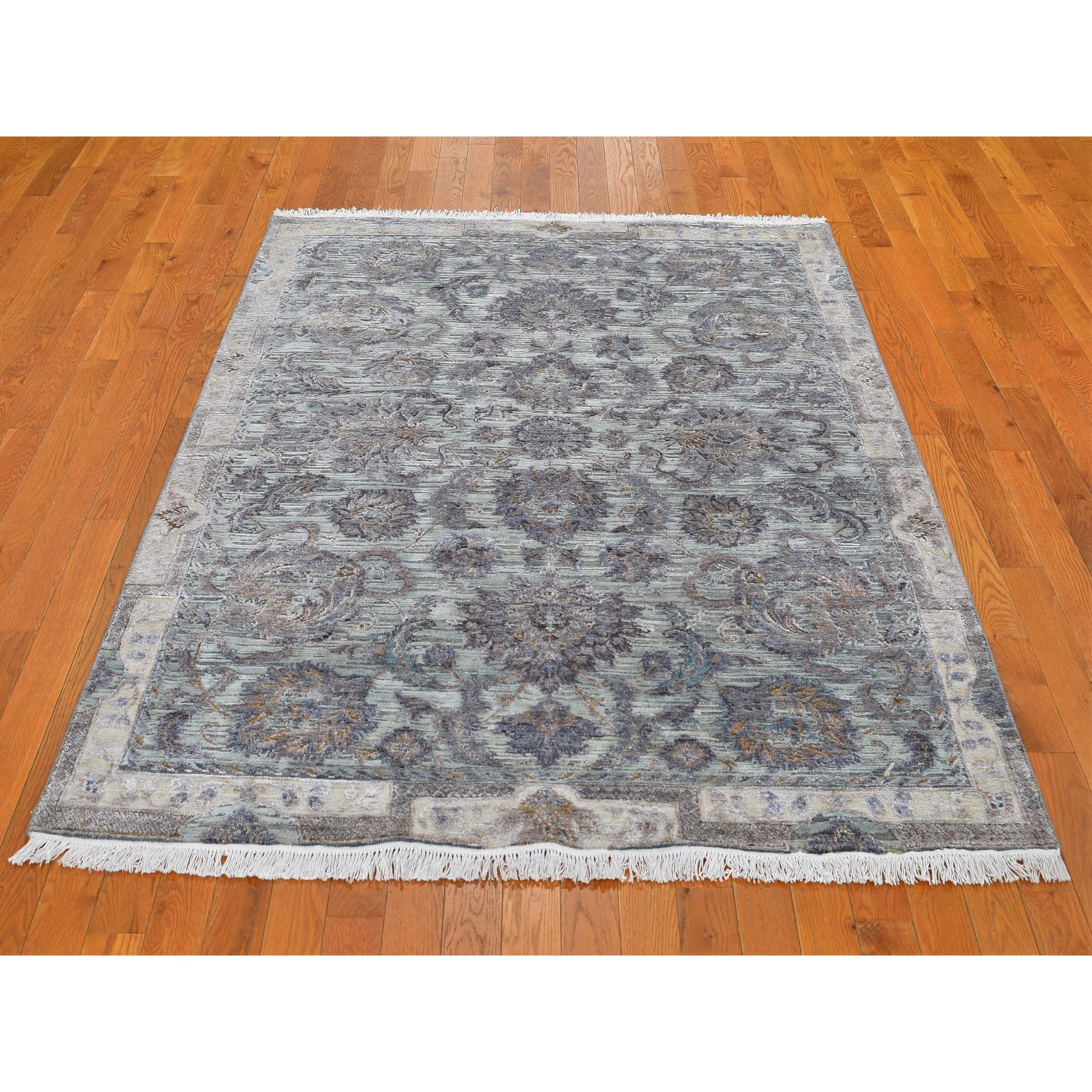 8-2 x10-2  Light Green Pure Silk With Textured Wool Mughal Design Hand Knotted Oriental Rug 