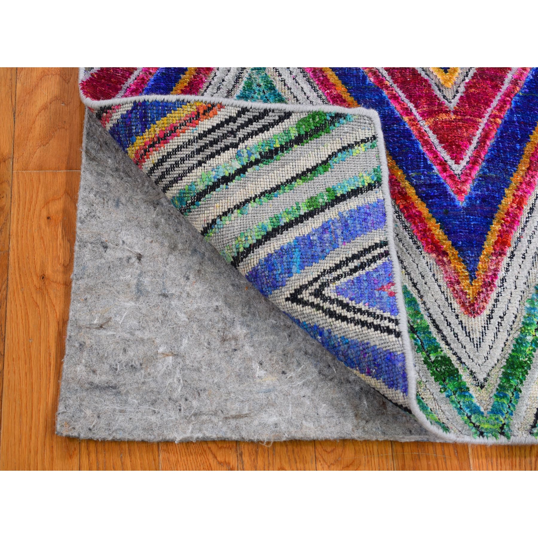 3-x7-10  Chevron Design Sari Silk With Textured Wool Hand Knotted Runner Oriental Rug 