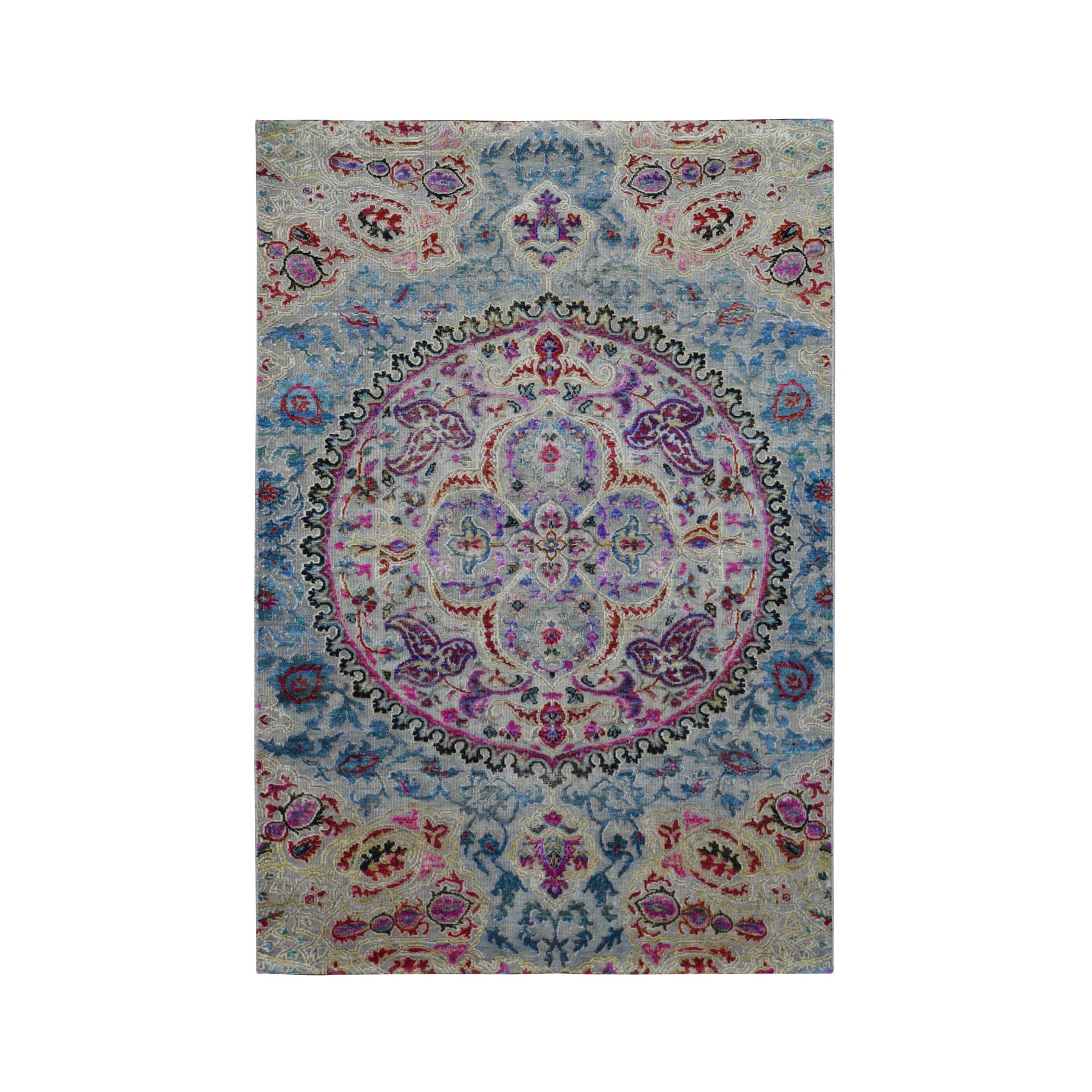 4'X6' Sari Silk And Textured Wool Colorful Maharaja Design Hand Knotted Oriental Rug moad9dbb