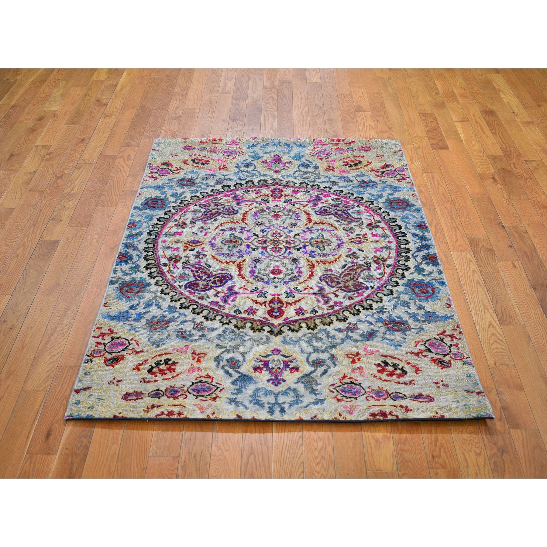 4-x6- Sari Silk and Textured Wool Colorful Maharaja Design Hand Knotted Oriental Rug 