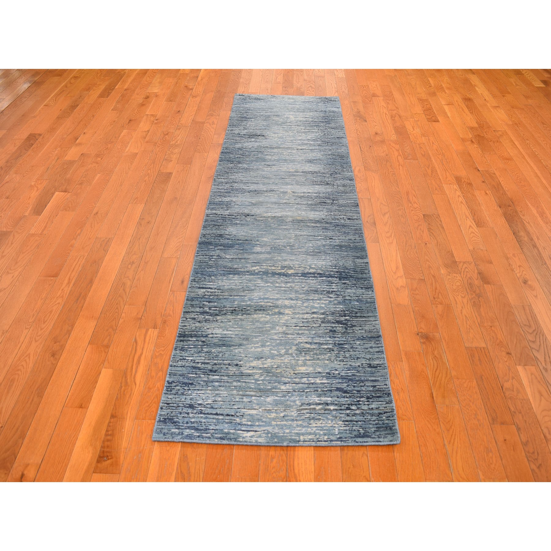 2-6 x9-10  Zero Pile Pure Wool Blue Oceanic Ombre Design Runner Hand Knotted Oriental Rug 