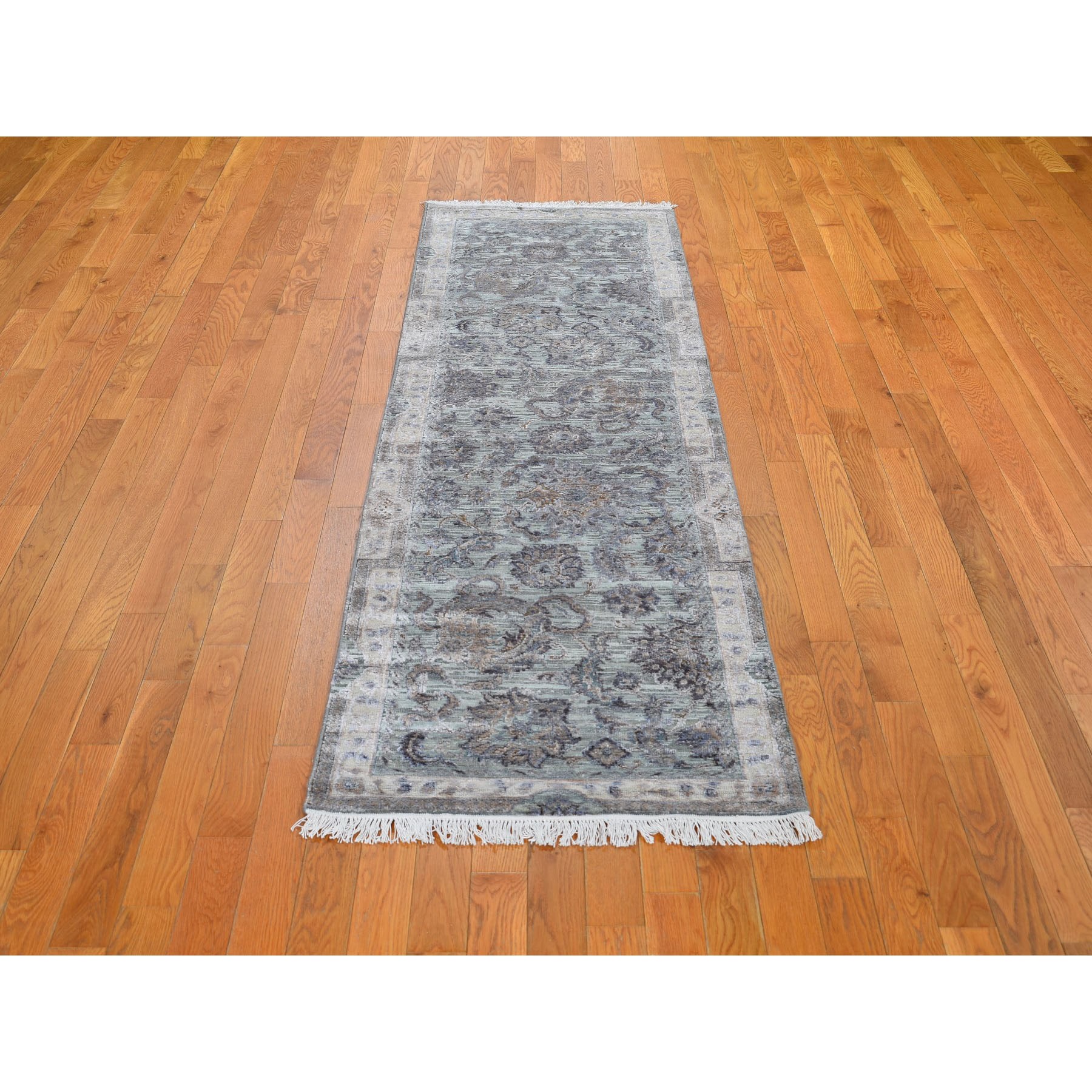 2-5 x8-1  Light Green Pure Silk With Textured Wool Mughal Design Runner Hand Knotted Oriental Rug 