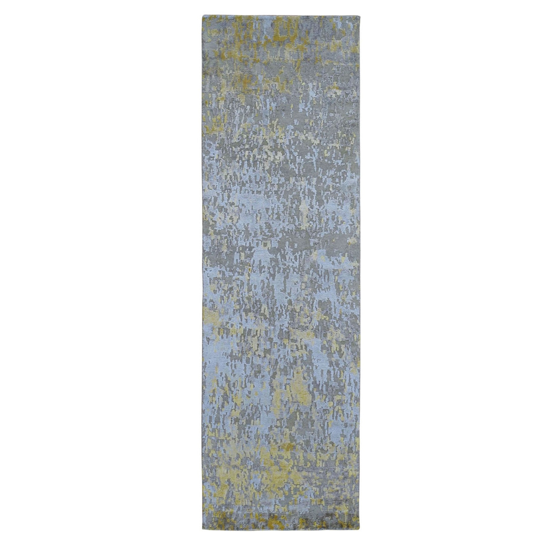 2'6"X9'9" Gold Hi-Lo Pile Abstract Design Wool And Silk Runner Hand Knotted Oriental Rug moad9dc8