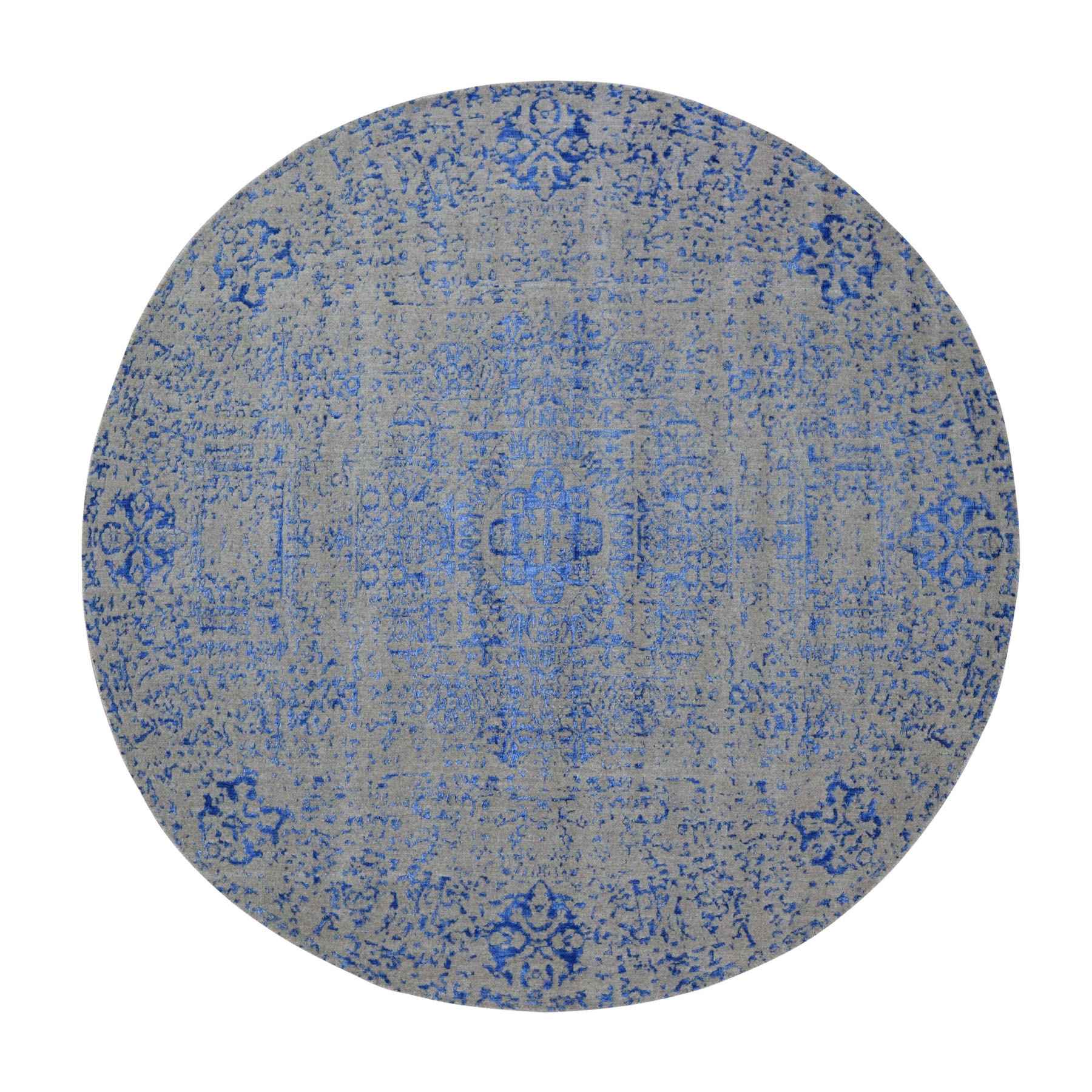 7'9"X7'9"  Round Blue Fine Jacquard Mamluk Design Hand Loomed Wool And Art Silk Oriental Rug moad9dec