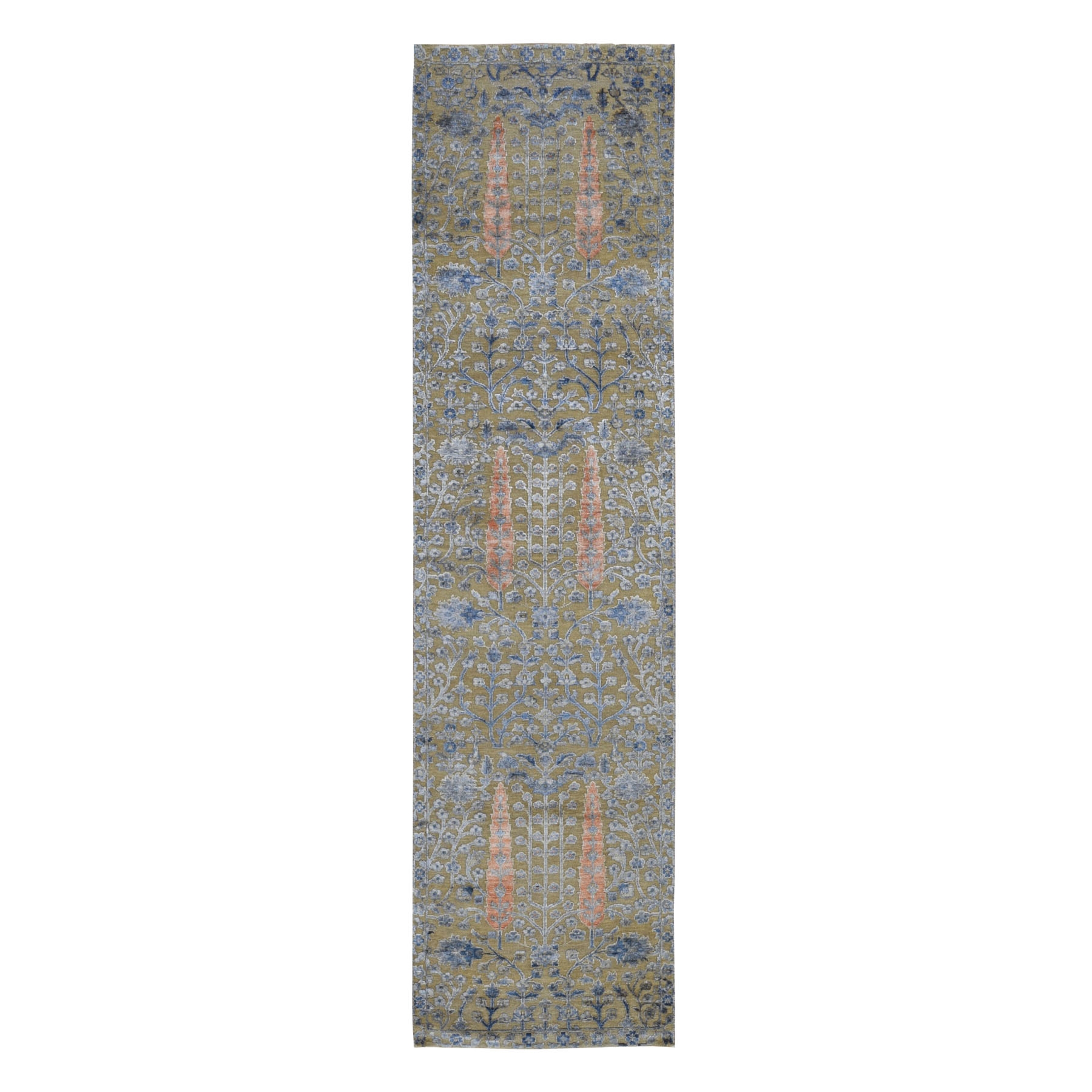 2'6"X9'10" Cypress Tree Design Silk With Textured Wool Runner Hand Knotted Oriental Rug moad9d7b