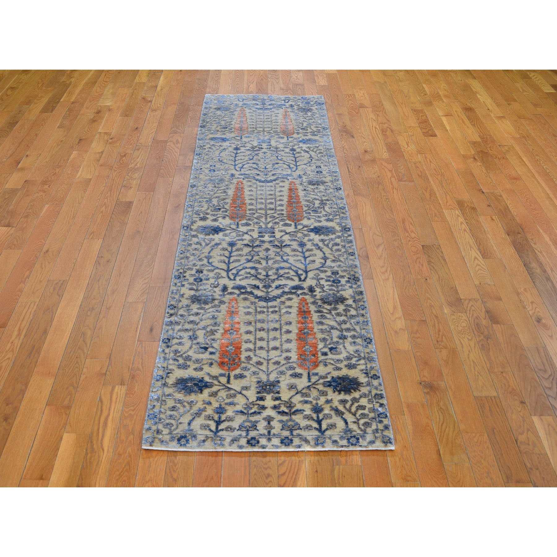 2-6 x9-10  Cypress Tree Design Silk With Textured Wool Runner Hand Knotted Oriental Rug 