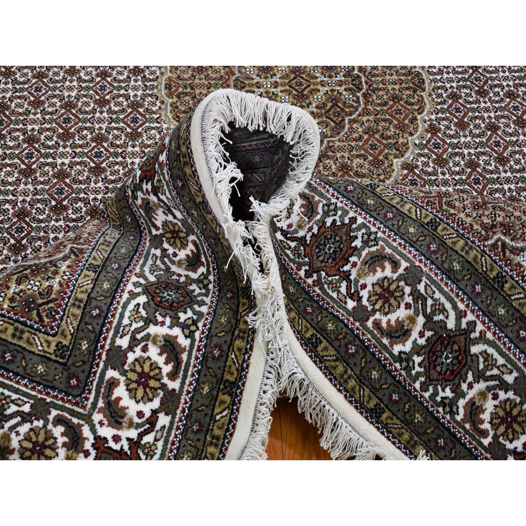 5-10 x9-3  Ivory Wool And Silk Tabriz Mahi Design Hand Knotted Oriental Rug 