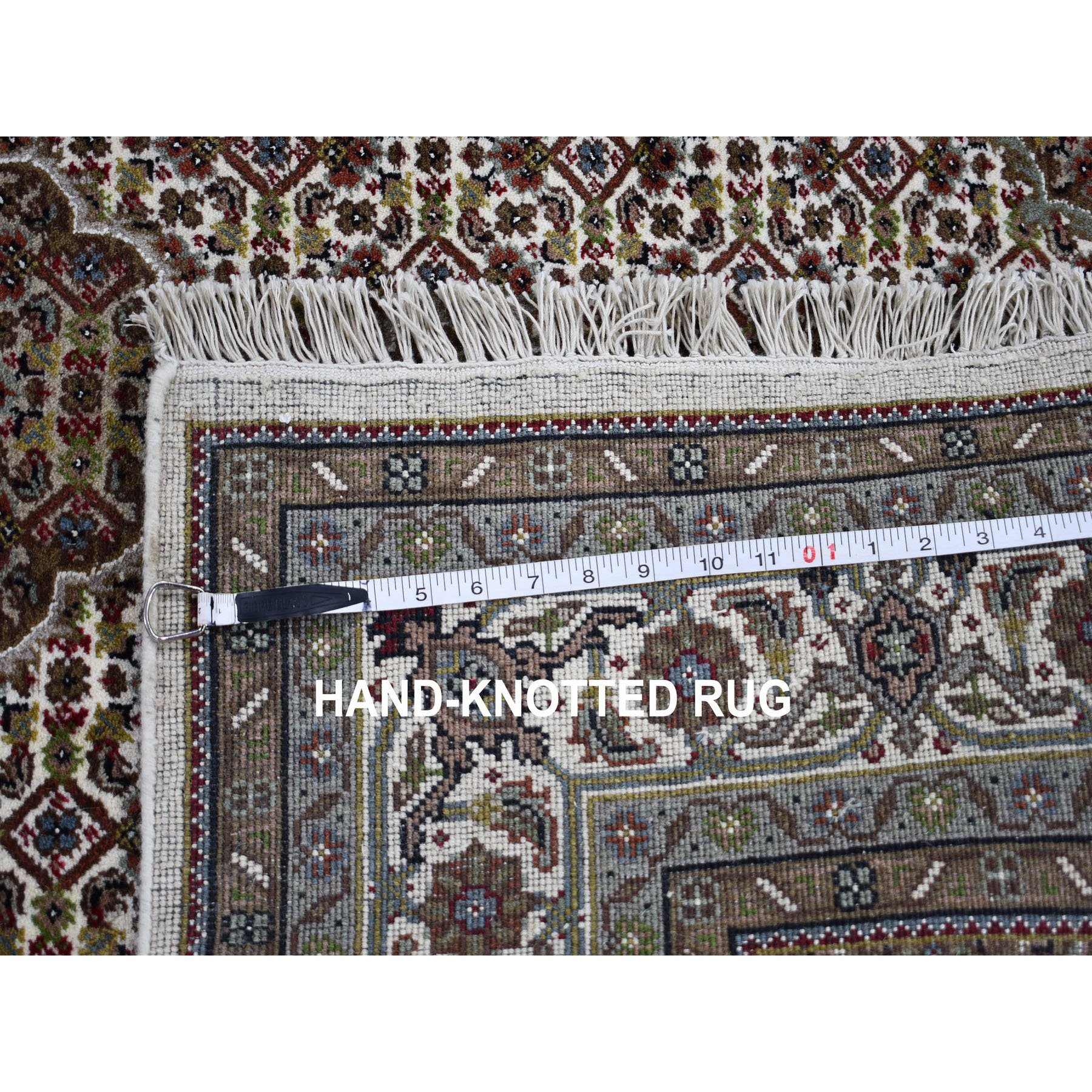 5-10 x9-3  Ivory Wool And Silk Tabriz Mahi Design Hand Knotted Oriental Rug 