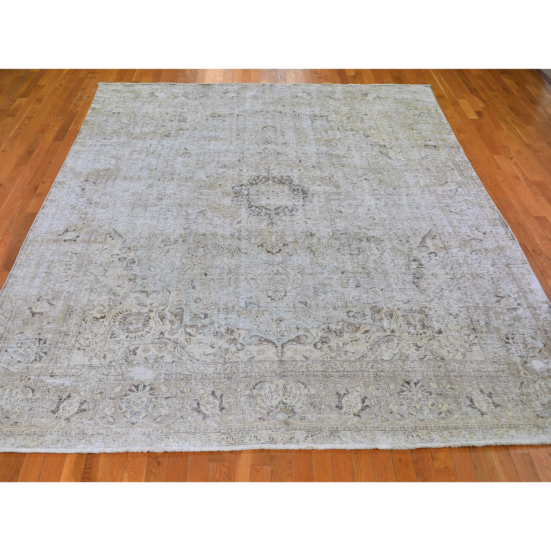 9-8 x13- Gray Vintage Persian Tabriz Worn Pile Hand Knotted Oriental Rug 