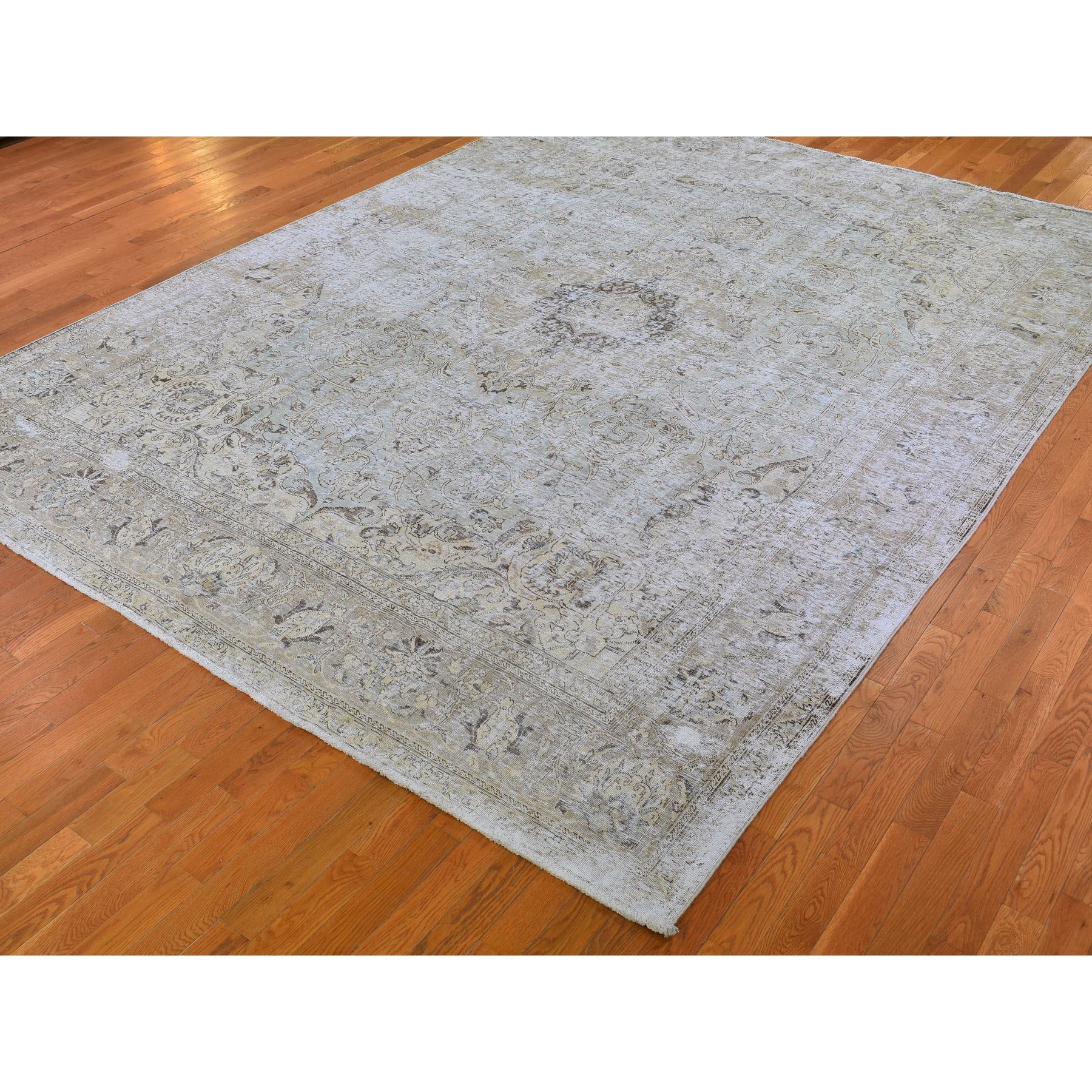 9-8 x13- Gray Vintage Persian Tabriz Worn Pile Hand Knotted Oriental Rug 