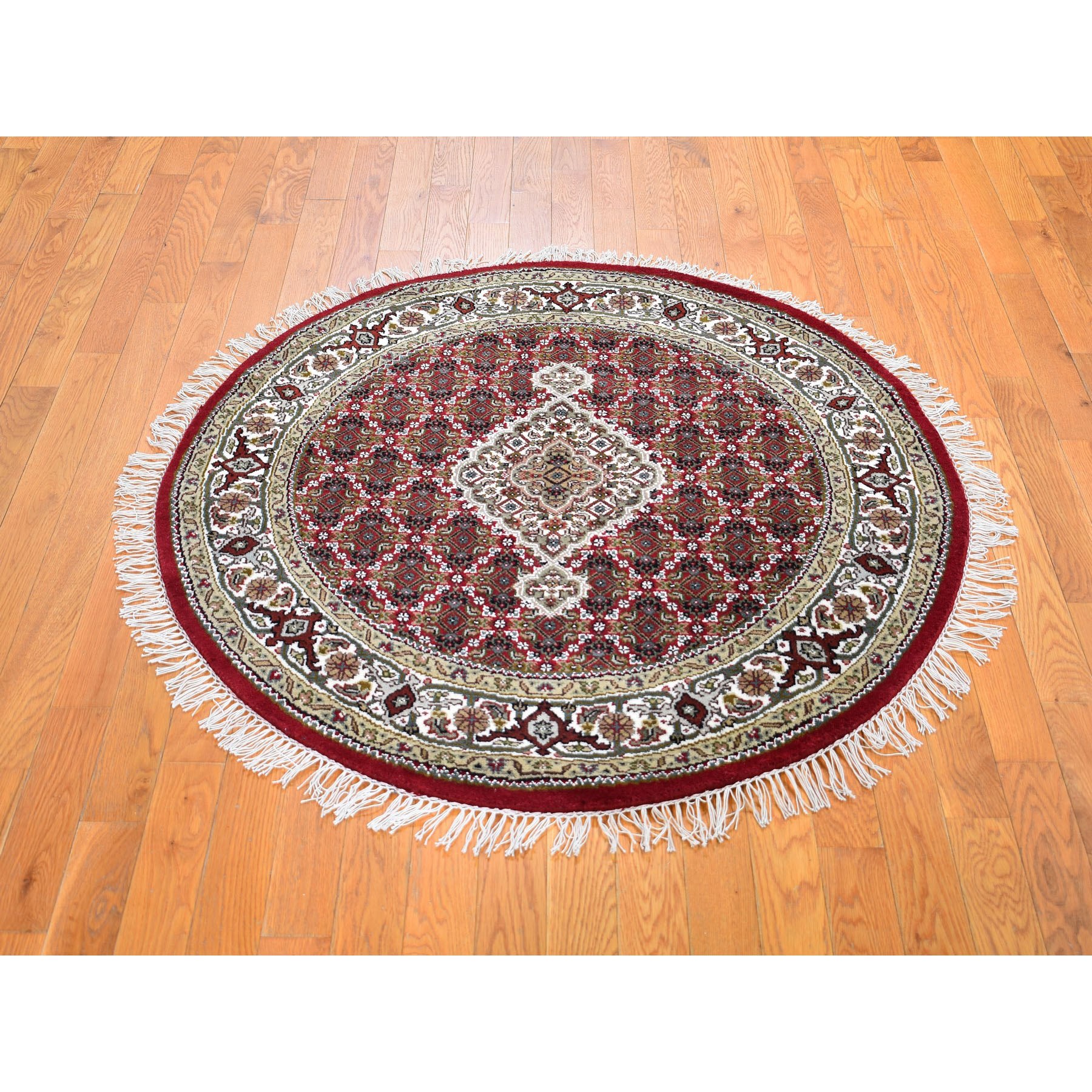 4-x4- Round Red Tabriz Mahi Wool and Silk Hand Knotted Oriental Rug 