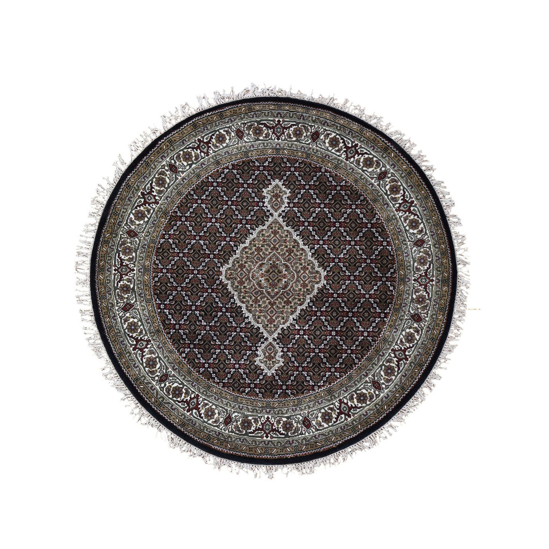 4-x4- Round Black Tabriz Mahi Wool And Silk Hand Knotted Oriental Rug 