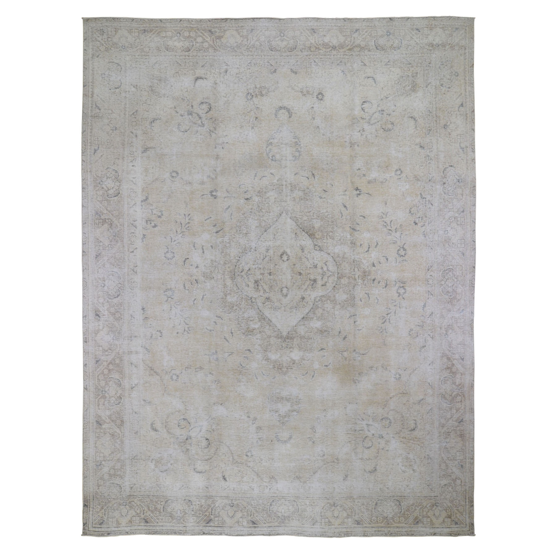 9-5 x12-3  Vintage White Wash Tabriz Worn Wool Hand-Knotted Oriental Rug 
