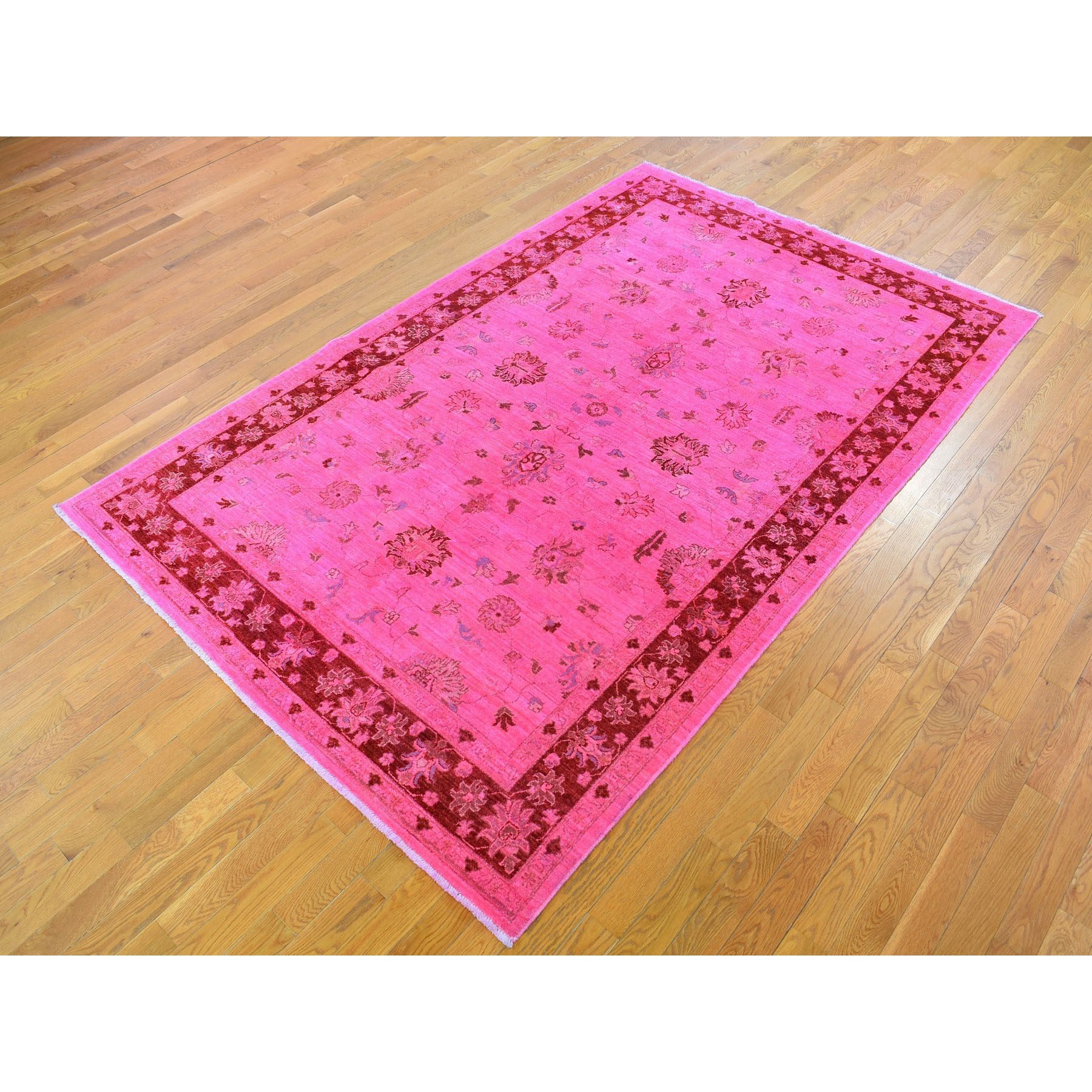6-x9-2  Pink Overdyed Peshawar Pure Wool Hand Knotted Oriental Rug 