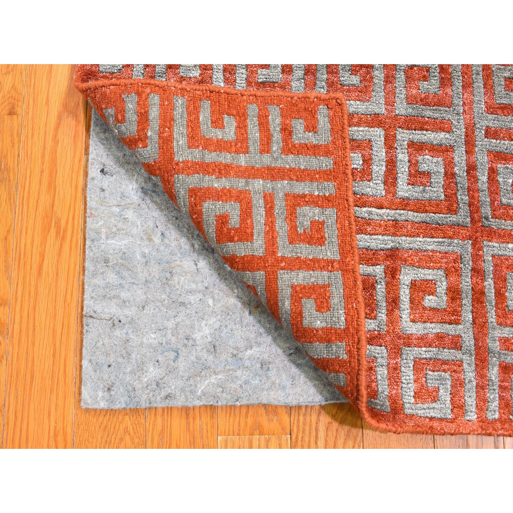 2-x3- Orange Rust Modern Wool and Silk Geometric Design Hand Knotted Oriental Rug 