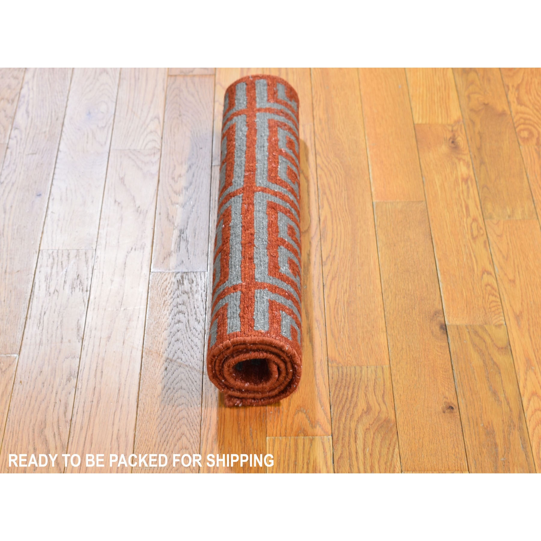 2-x3- Orange Rust Modern Wool and Silk Geometric Design Hand Knotted Oriental Rug 