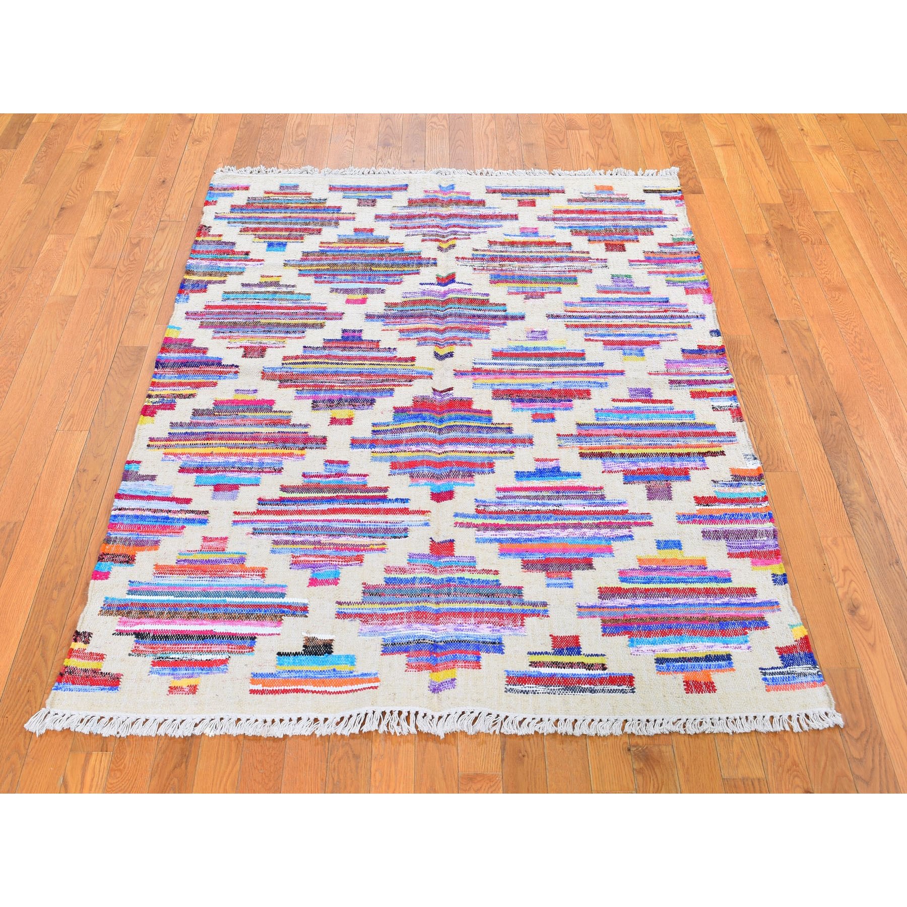 5-x7- Multicolored Durie Kilim Cotton And Sari Silk Hand Woven Oriental Rug 