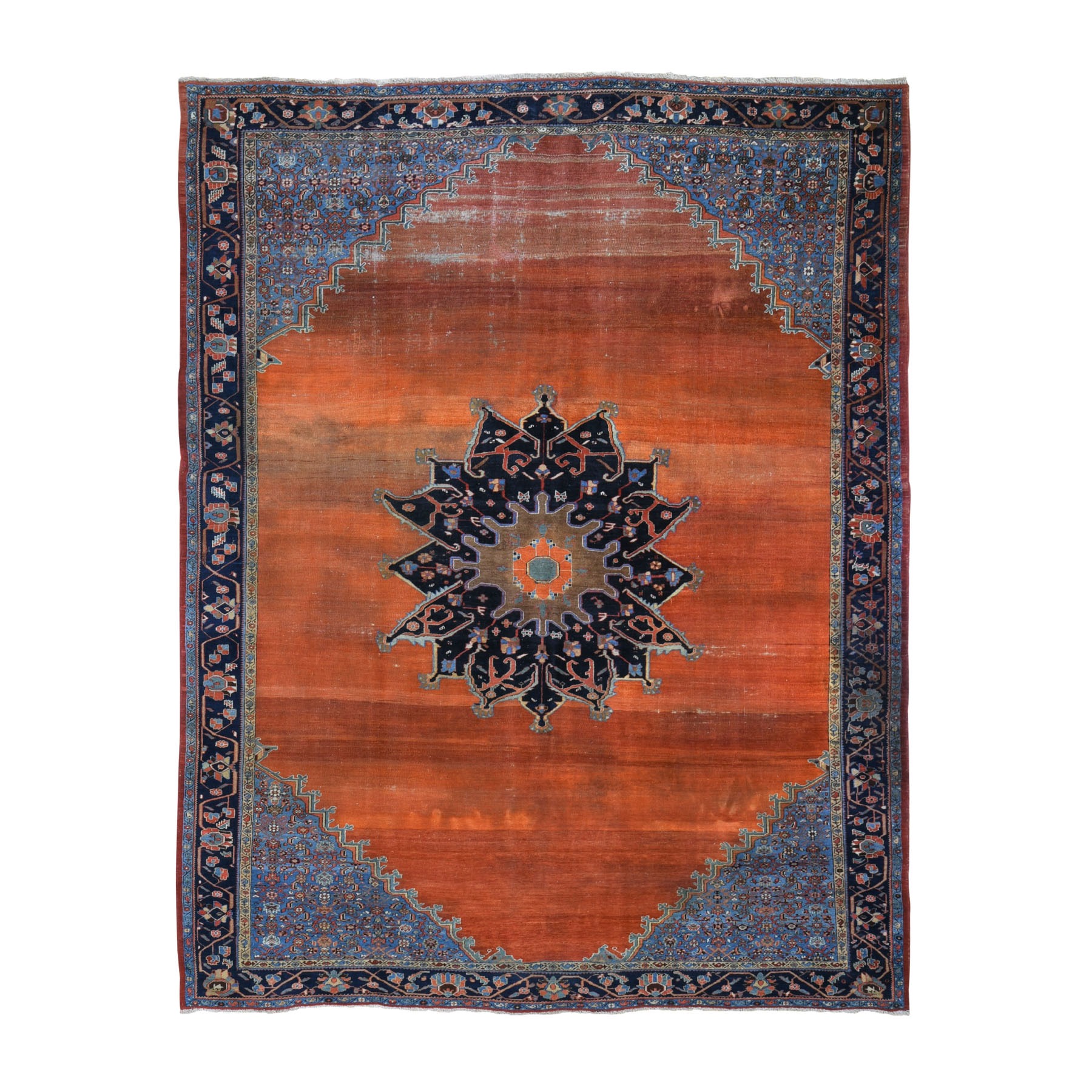 8'7"X10'7" Orange Antique And Worn Persian Afshar Open Filed With Medallion Hand Knotted Oriental Rug moad96d8