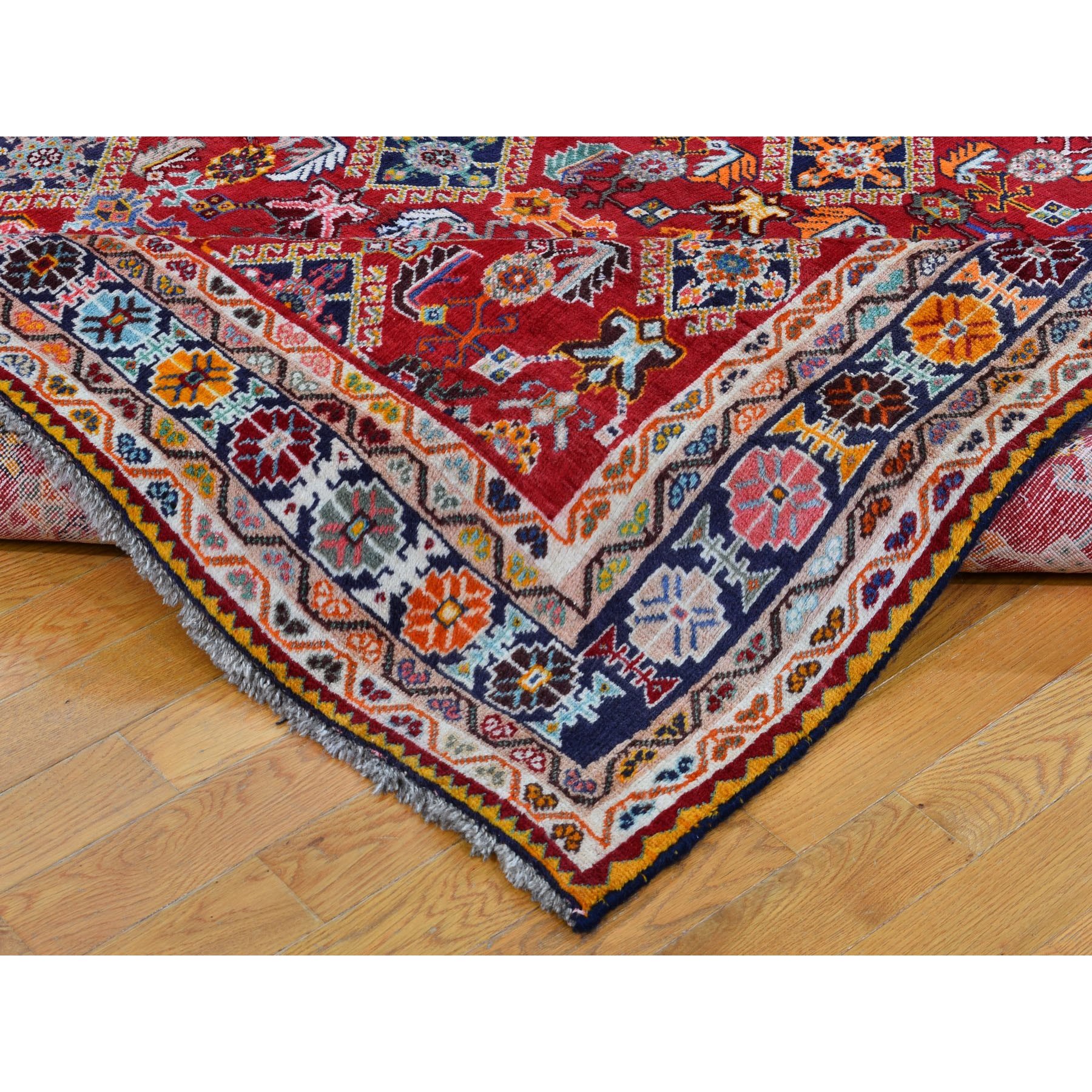 6-9 x10- Red Vintage Persian Shiraz Exc Cond Full Pile Pure Wool Hand Knotted Oriental Rug 