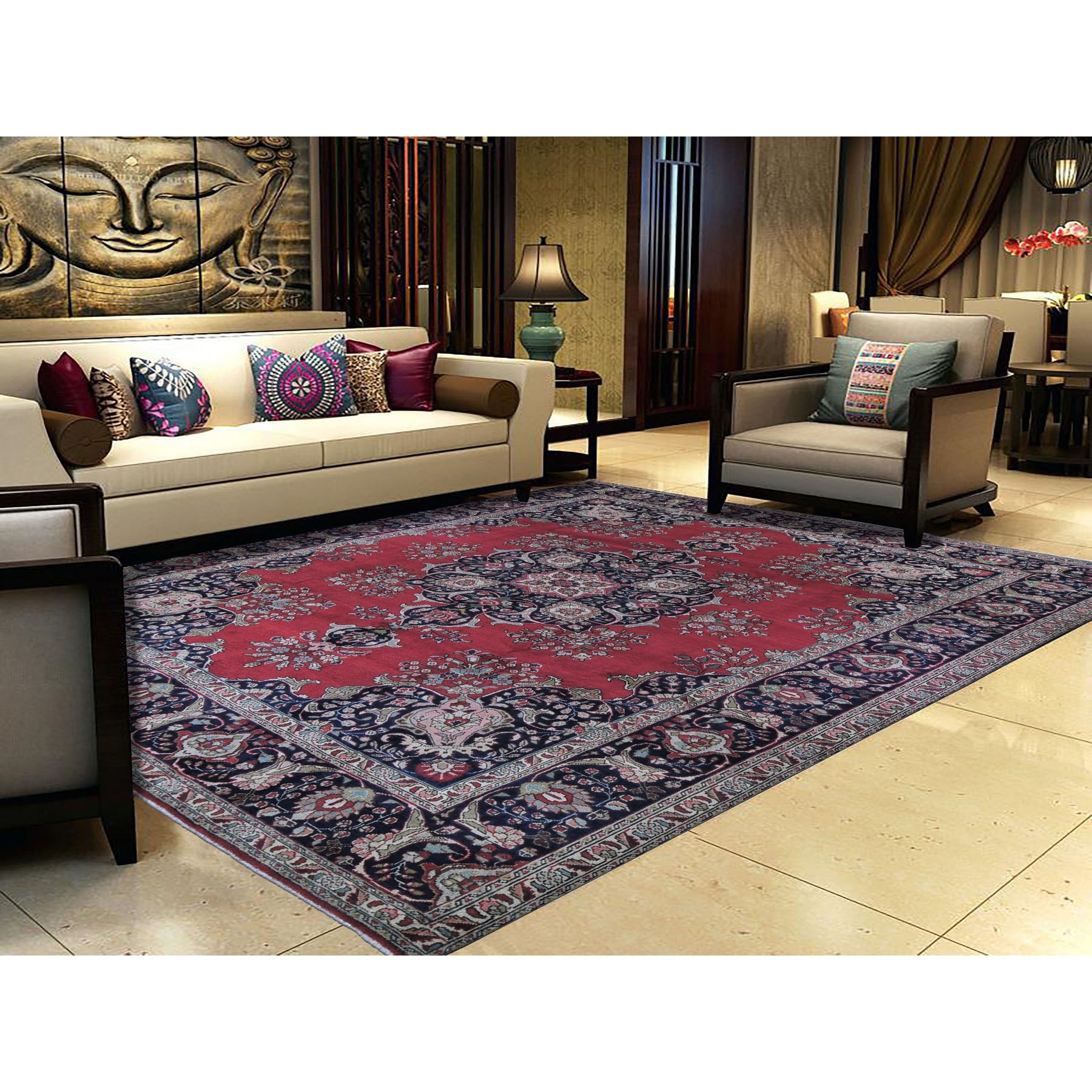 9-7 x12-9  Red Vintage Persian Tabriz Open Field With Medallion Hand Knotted Oriental Rug 