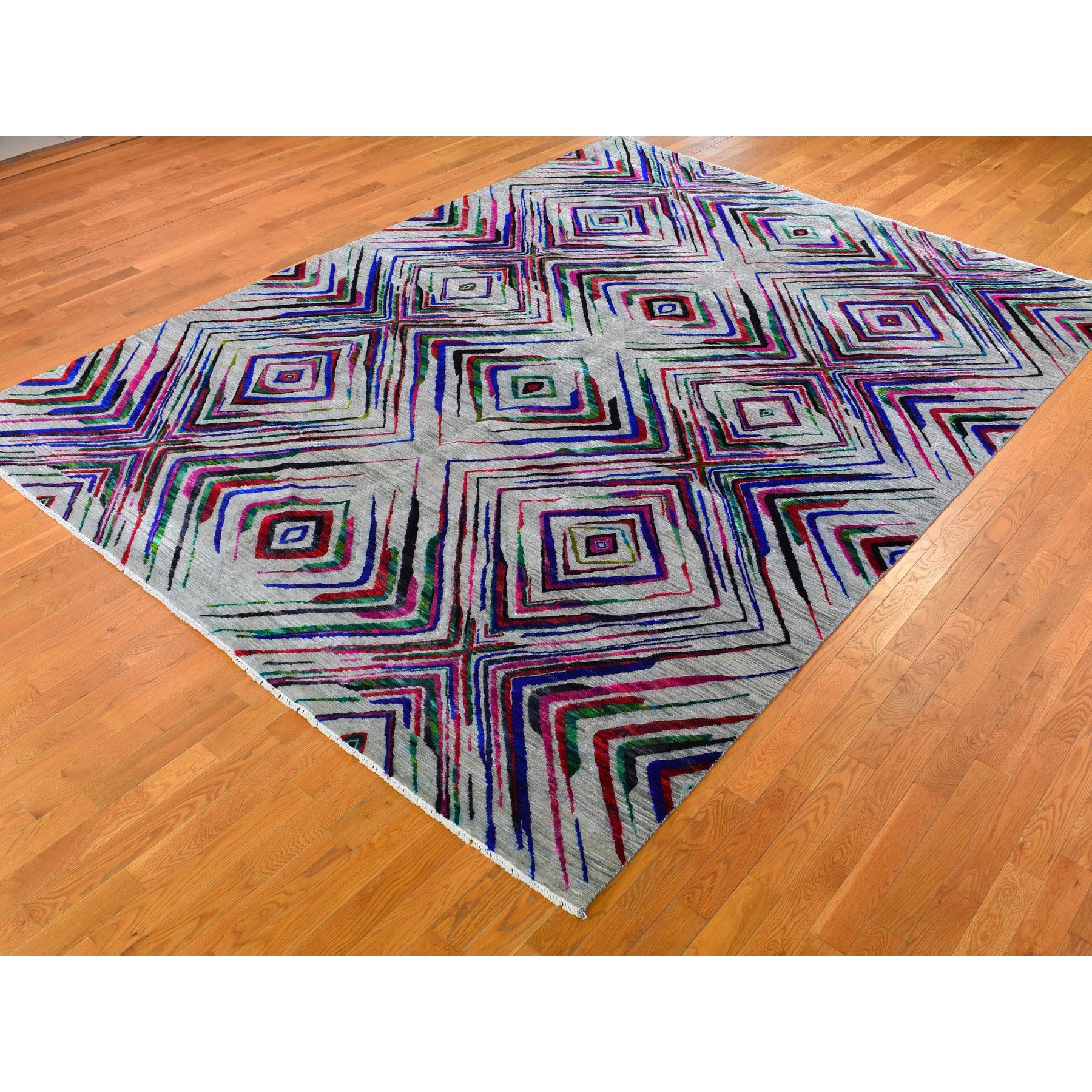 9-x12-2  Sari Silk With Textured Wool Colorful Geometric Design Hand Knotted Oriental Rug 