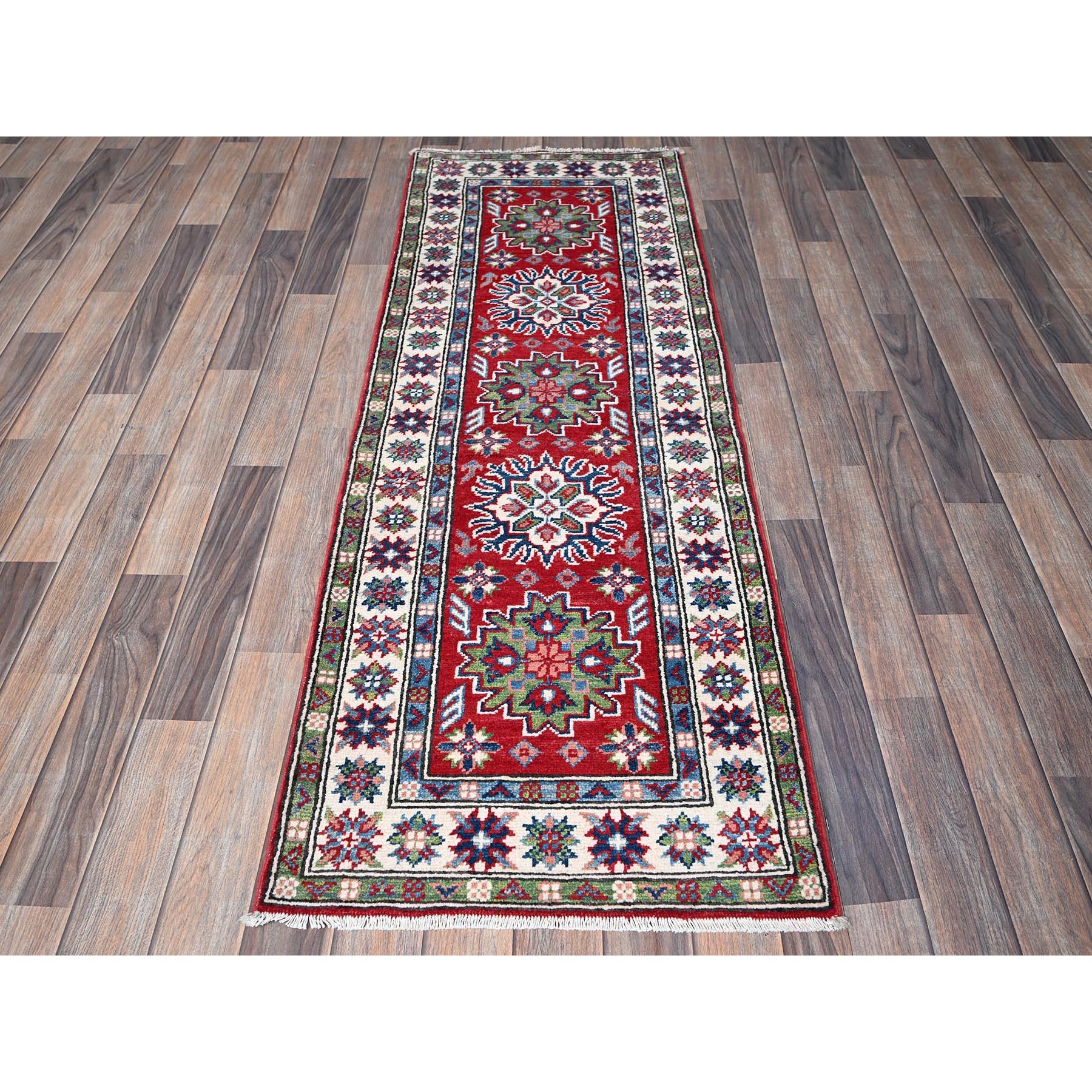 2'1"x6' Berry Red, Kazak with Tribal Medallions Design, Hand Knotted, Soft and Shiny Wool, Denser Weave, Vegetable Dyes, Narrow Runner, Oriental Rug Sh500
