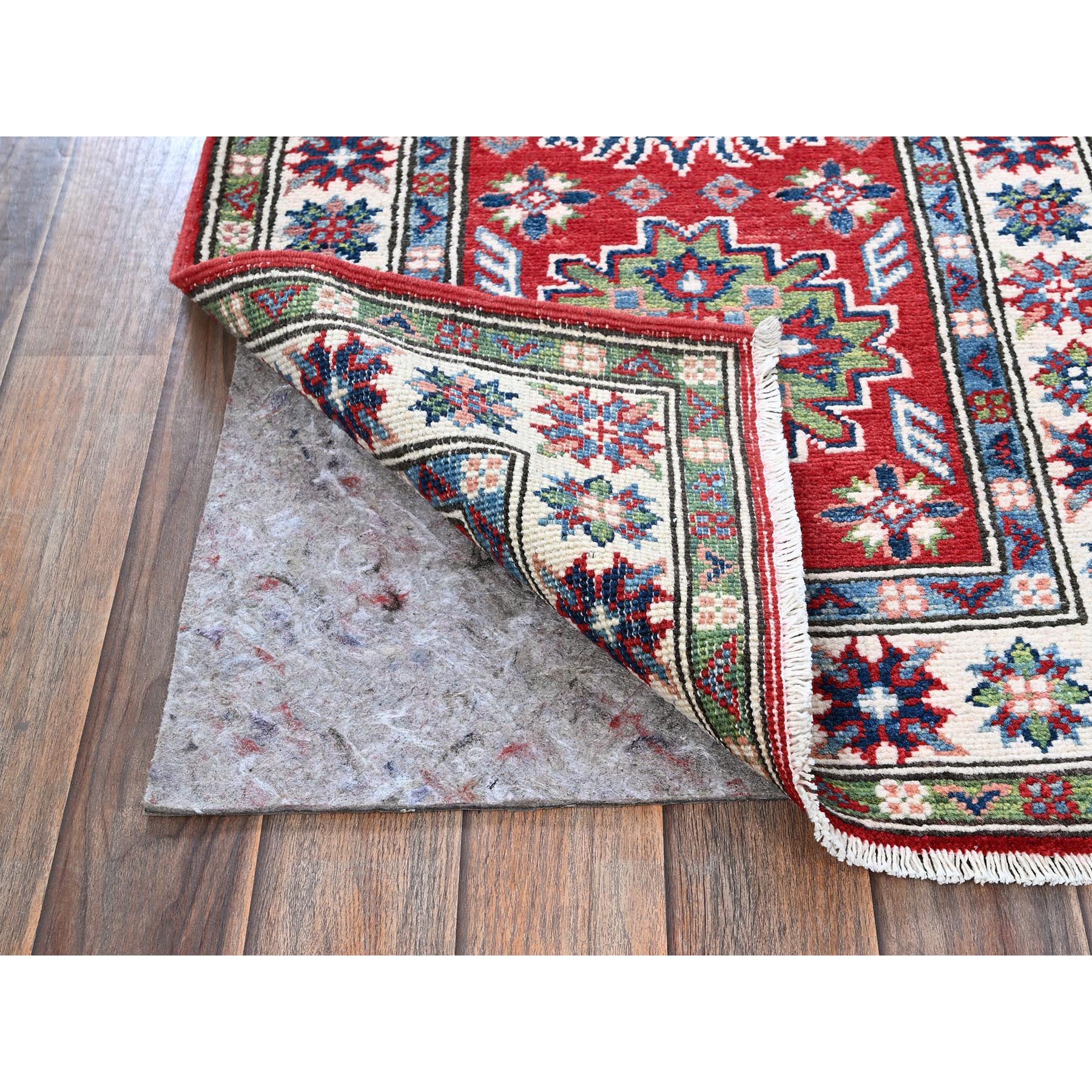 2'1"x6' Berry Red, Kazak with Tribal Medallions Design, Hand Knotted, Soft and Shiny Wool, Denser Weave, Vegetable Dyes, Narrow Runner, Oriental Rug Sh500