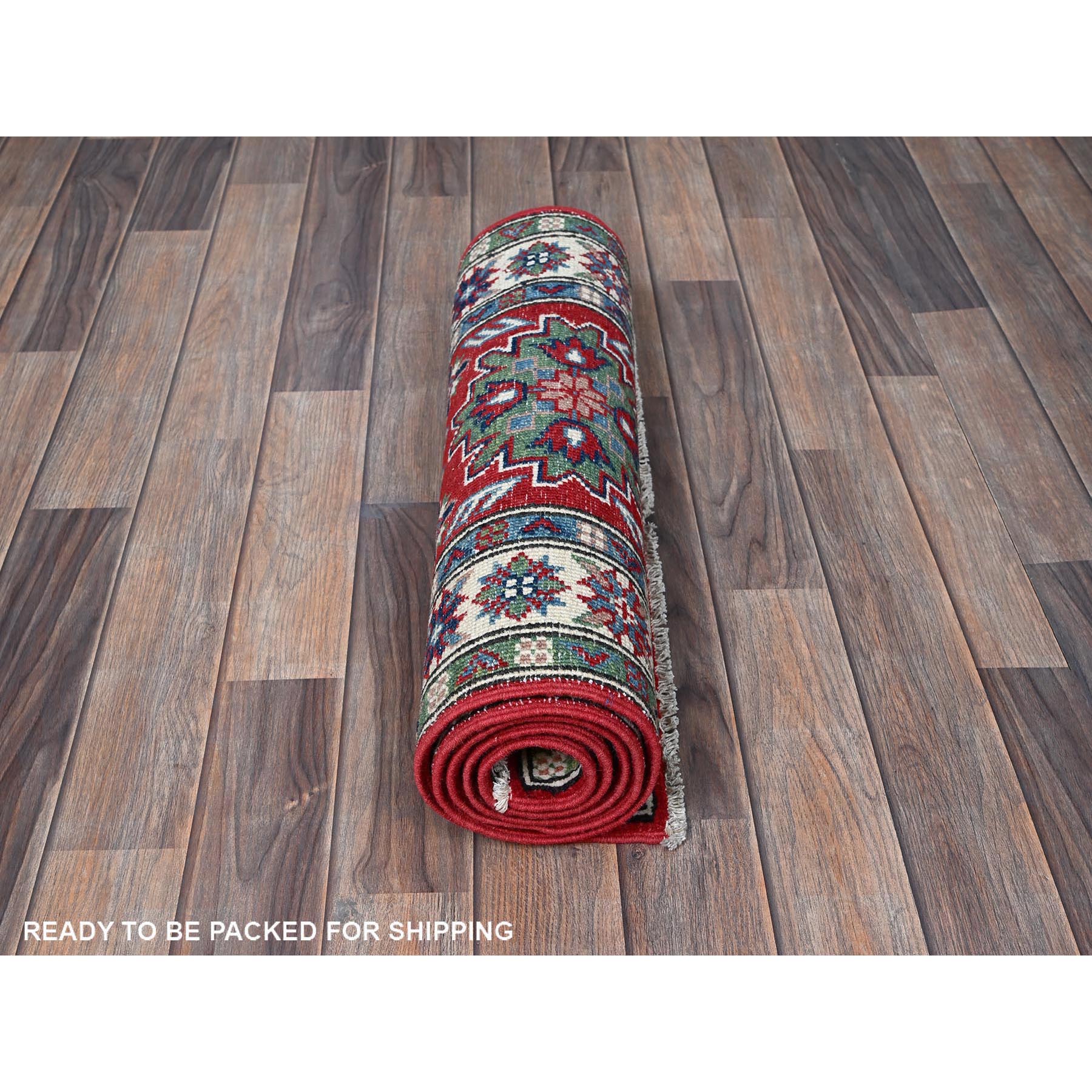 2'1"x6' Berry Red, Kazak with Tribal Medallions Design, Hand Knotted, Soft and Shiny Wool, Denser Weave, Vegetable Dyes, Narrow Runner, Oriental Rug Sh500