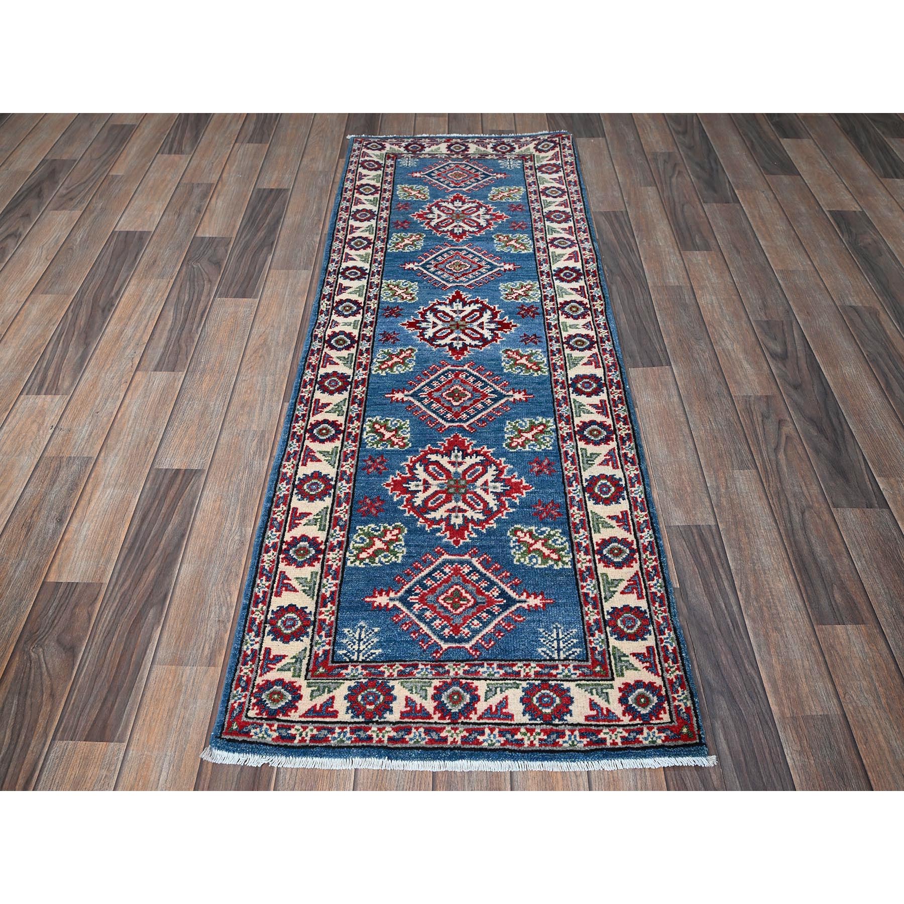 2'1"x5'10" Imperial Blue, Kazak with Tribal Medallions Design, Hand Knotted, Soft and Velvety Wool, Denser Weave, Vegetable Dyes, Narrow Runner, Oriental Rug Sh501