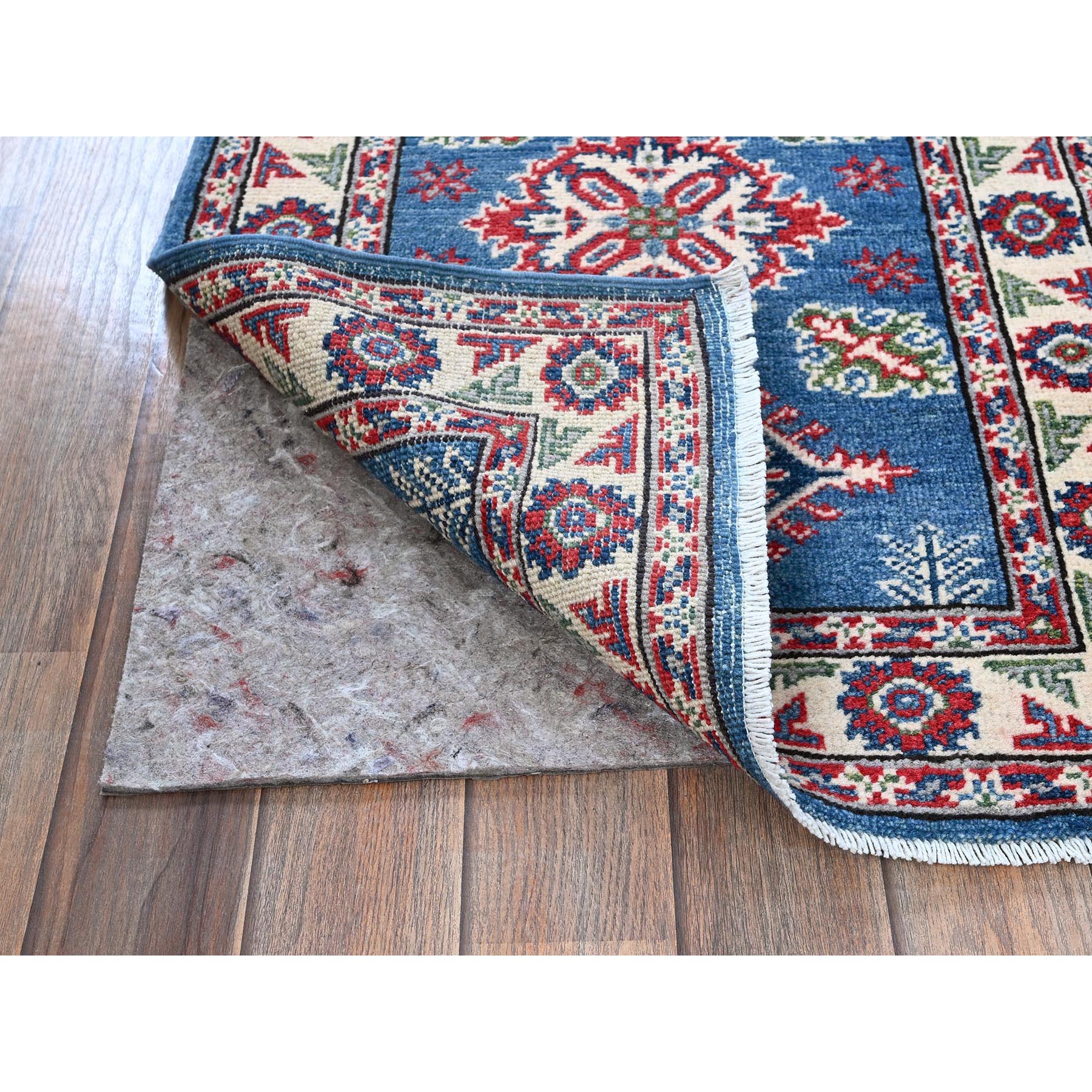2'1"x5'10" Imperial Blue, Kazak with Tribal Medallions Design, Hand Knotted, Soft and Velvety Wool, Denser Weave, Vegetable Dyes, Narrow Runner, Oriental Rug Sh501