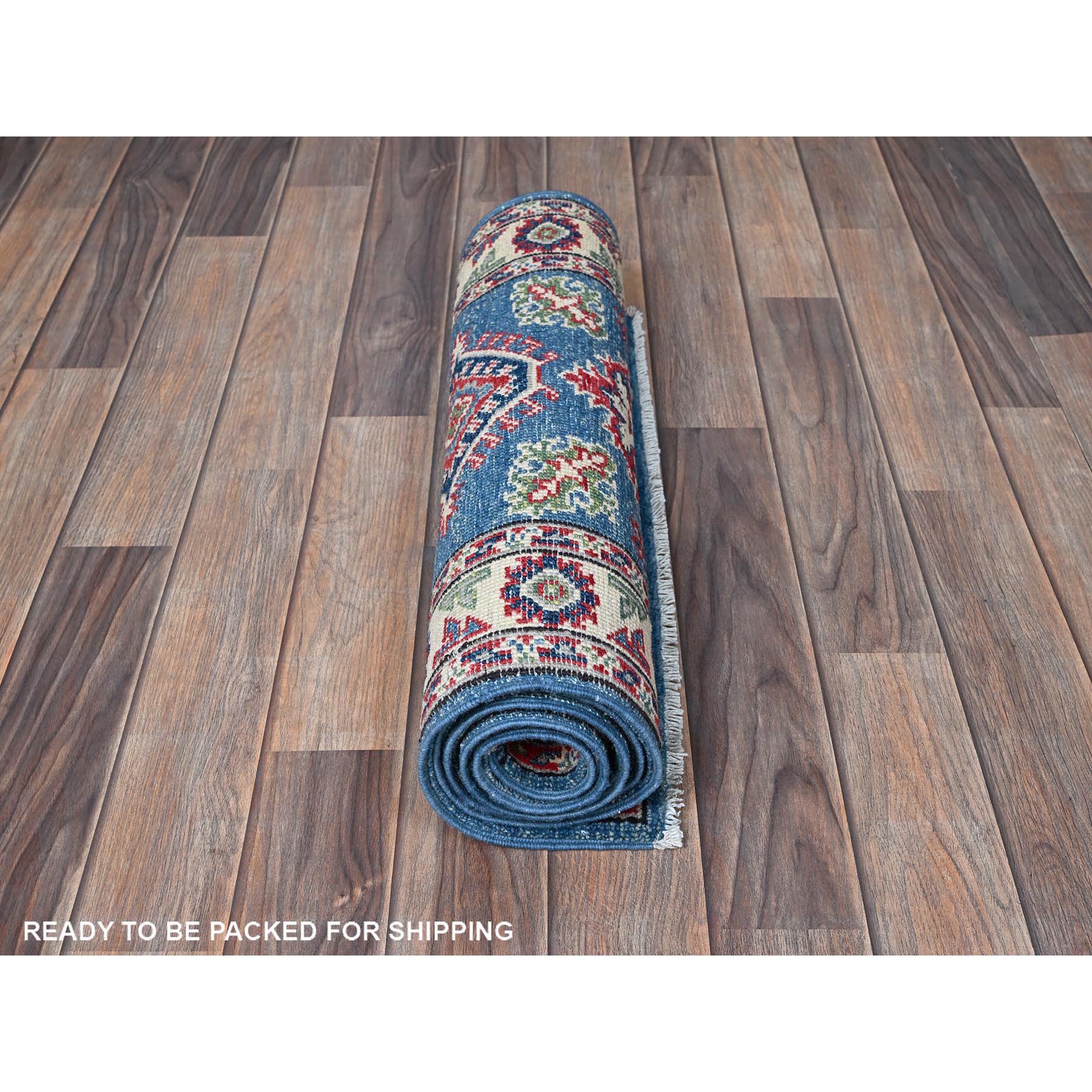 2'1"x5'10" Imperial Blue, Kazak with Tribal Medallions Design, Hand Knotted, Soft and Velvety Wool, Denser Weave, Vegetable Dyes, Narrow Runner, Oriental Rug Sh501