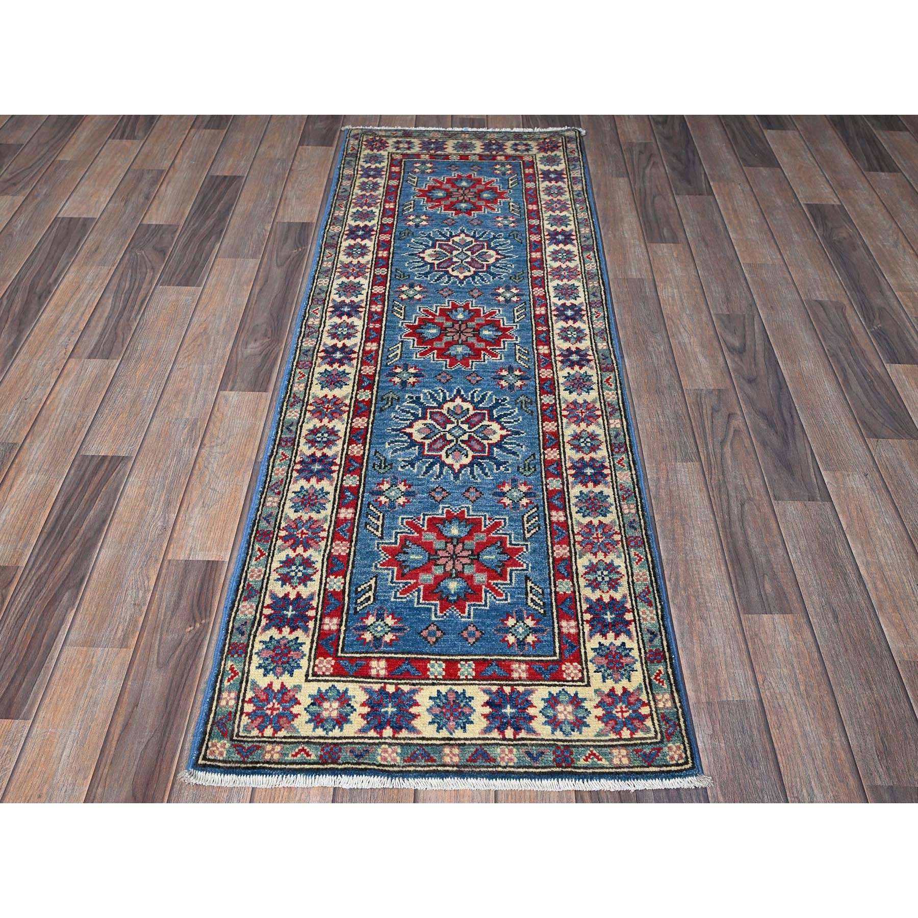 2'x5'10" Bayern Blue, Kazak with Tribal Medallions Design, Hand Knotted, Soft and Vibrant Wool, Denser Weave, Vegetable Dyes, Narrow Runner, Oriental Rug Sh502