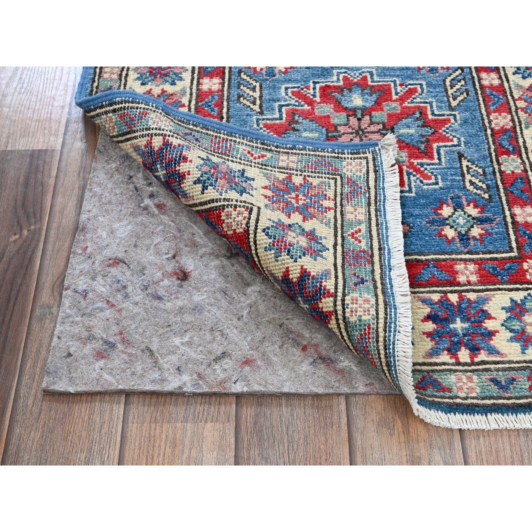 2'x5'10" Bayern Blue, Kazak with Tribal Medallions Design, Hand Knotted, Soft and Vibrant Wool, Denser Weave, Vegetable Dyes, Narrow Runner, Oriental Rug Sh502