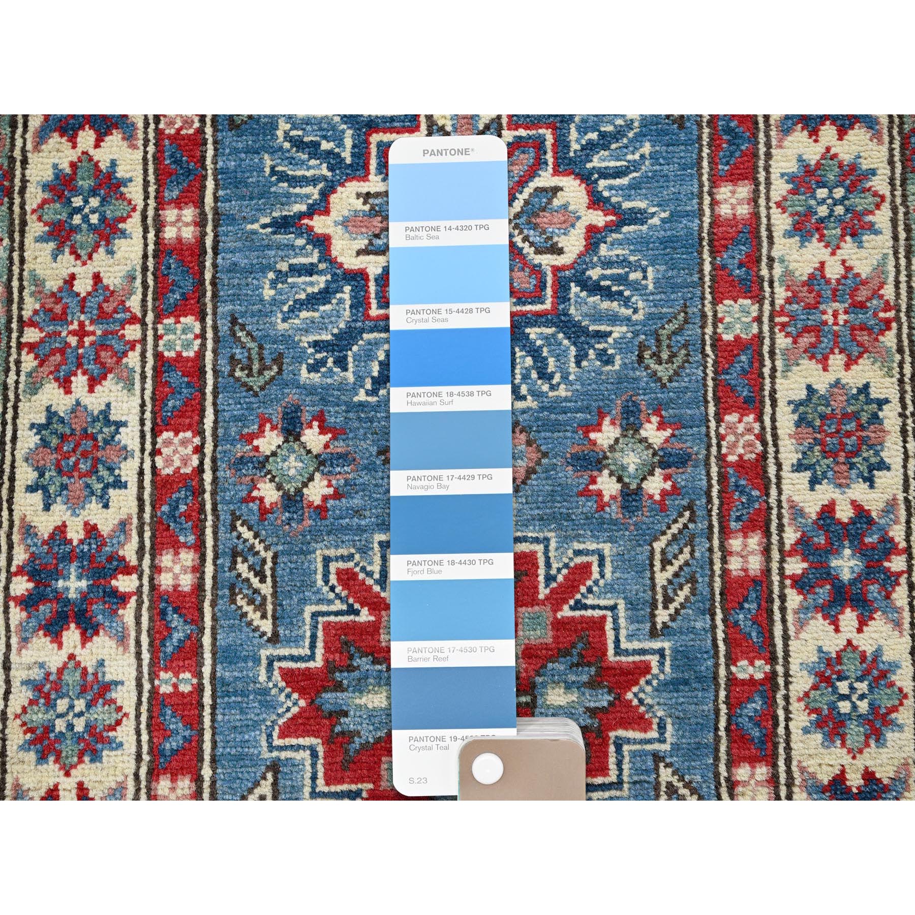 2'x5'10" Bayern Blue, Kazak with Tribal Medallions Design, Hand Knotted, Soft and Vibrant Wool, Denser Weave, Vegetable Dyes, Narrow Runner, Oriental Rug Sh502