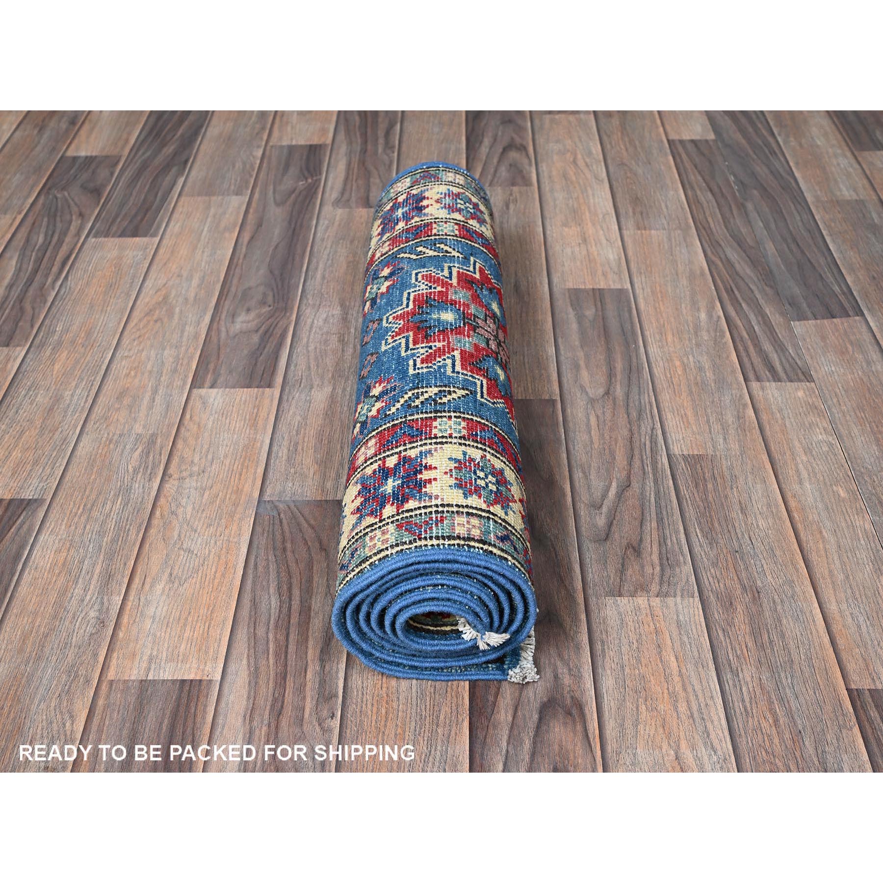 2'x5'10" Bayern Blue, Kazak with Tribal Medallions Design, Hand Knotted, Soft and Vibrant Wool, Denser Weave, Vegetable Dyes, Narrow Runner, Oriental Rug Sh502