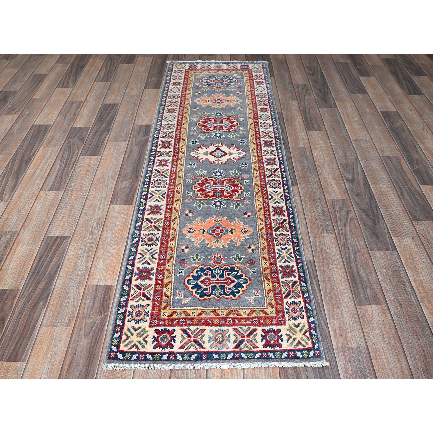 2'x6'6" Dove Gray, Kazak with Tribal Medallions Design, Soft and Velvety Wool, Hand Knotted, Denser Weave, Vegetable Dyes, Narrow Runner, Oriental Rug Sh503