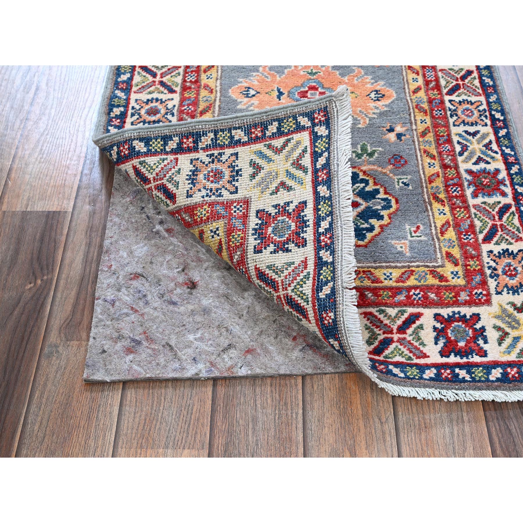 2'x6'6" Dove Gray, Kazak with Tribal Medallions Design, Soft and Velvety Wool, Hand Knotted, Denser Weave, Vegetable Dyes, Narrow Runner, Oriental Rug Sh503