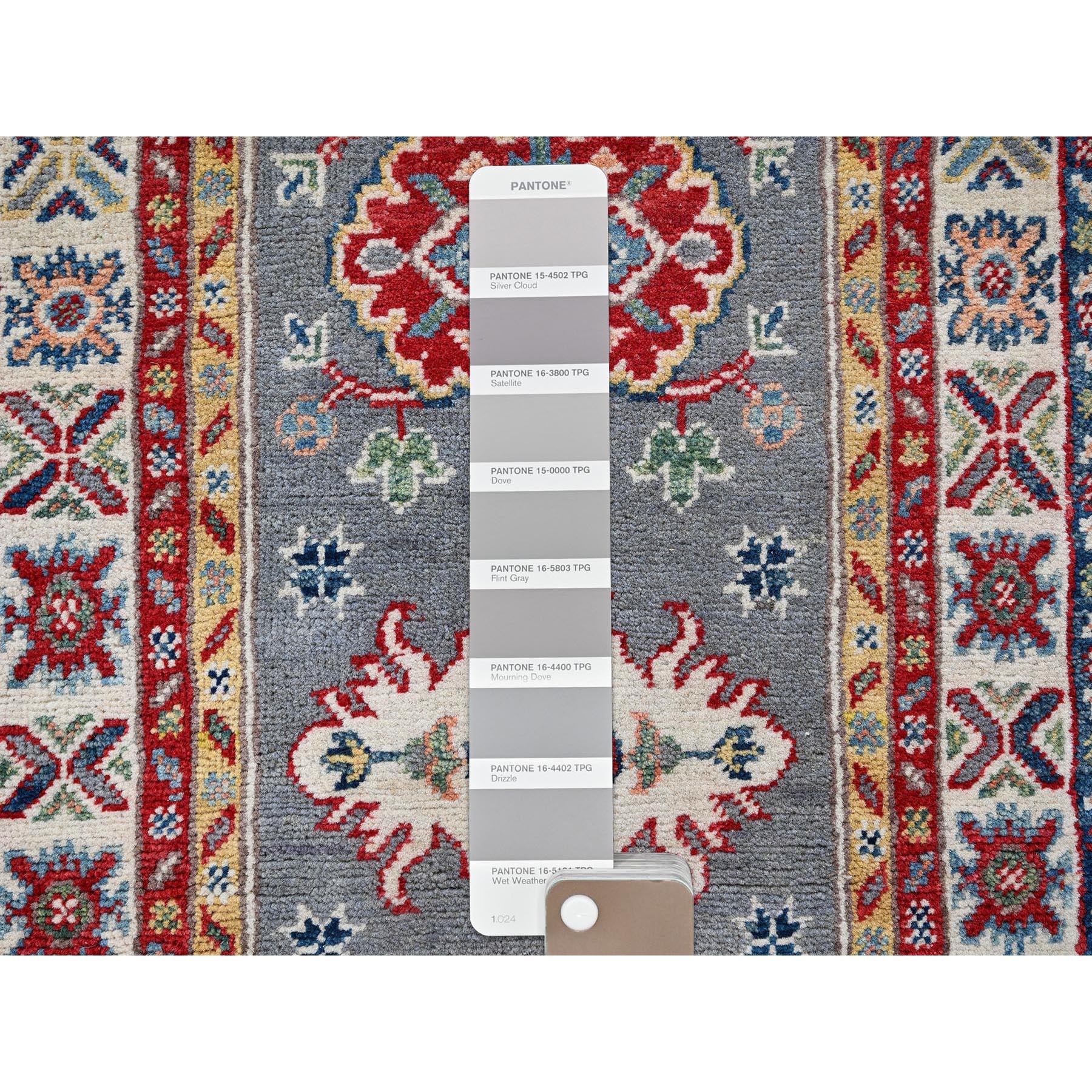2'x6'6" Dove Gray, Kazak with Tribal Medallions Design, Soft and Velvety Wool, Hand Knotted, Denser Weave, Vegetable Dyes, Narrow Runner, Oriental Rug Sh503