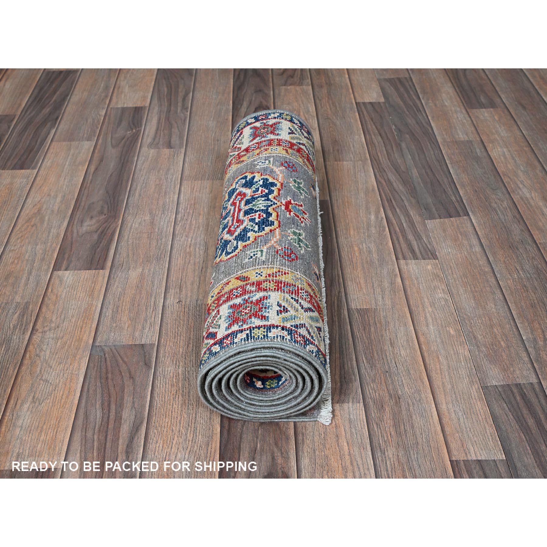 2'x6'6" Dove Gray, Kazak with Tribal Medallions Design, Soft and Velvety Wool, Hand Knotted, Denser Weave, Vegetable Dyes, Narrow Runner, Oriental Rug Sh503