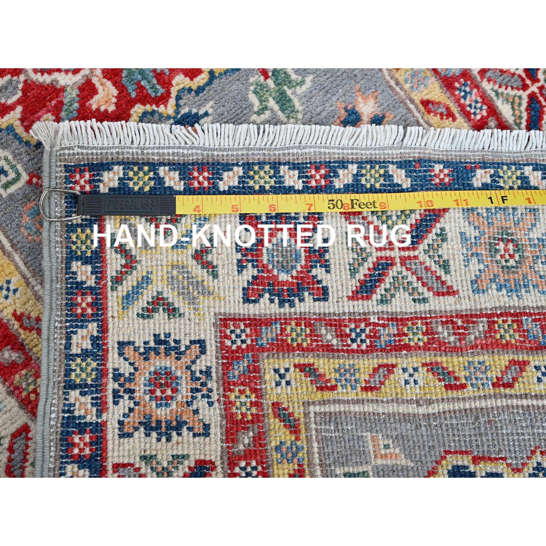 2'x6'6" Dove Gray, Kazak with Tribal Medallions Design, Soft and Velvety Wool, Hand Knotted, Denser Weave, Vegetable Dyes, Narrow Runner, Oriental Rug Sh503