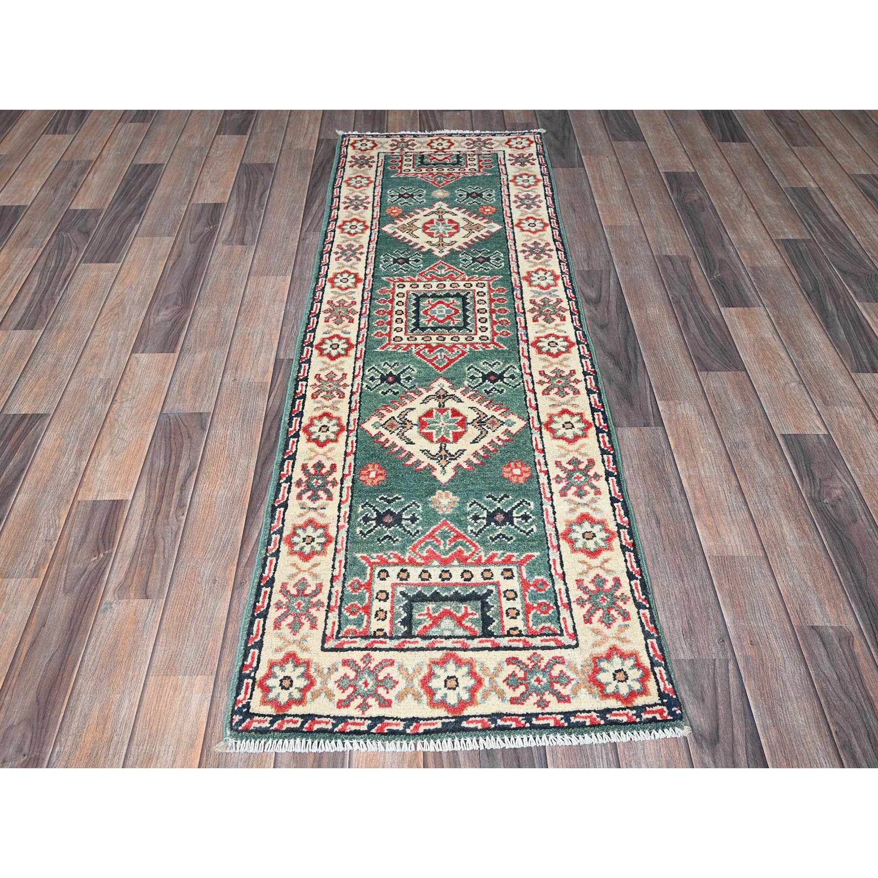 2'x5'10" Vivid Green, Kazak with Geometric Medallions Design, Soft and Velvety Wool, Hand Knotted, Denser Weave, Vegetable Dyes, Narrow Runner, Oriental Rug Sh504