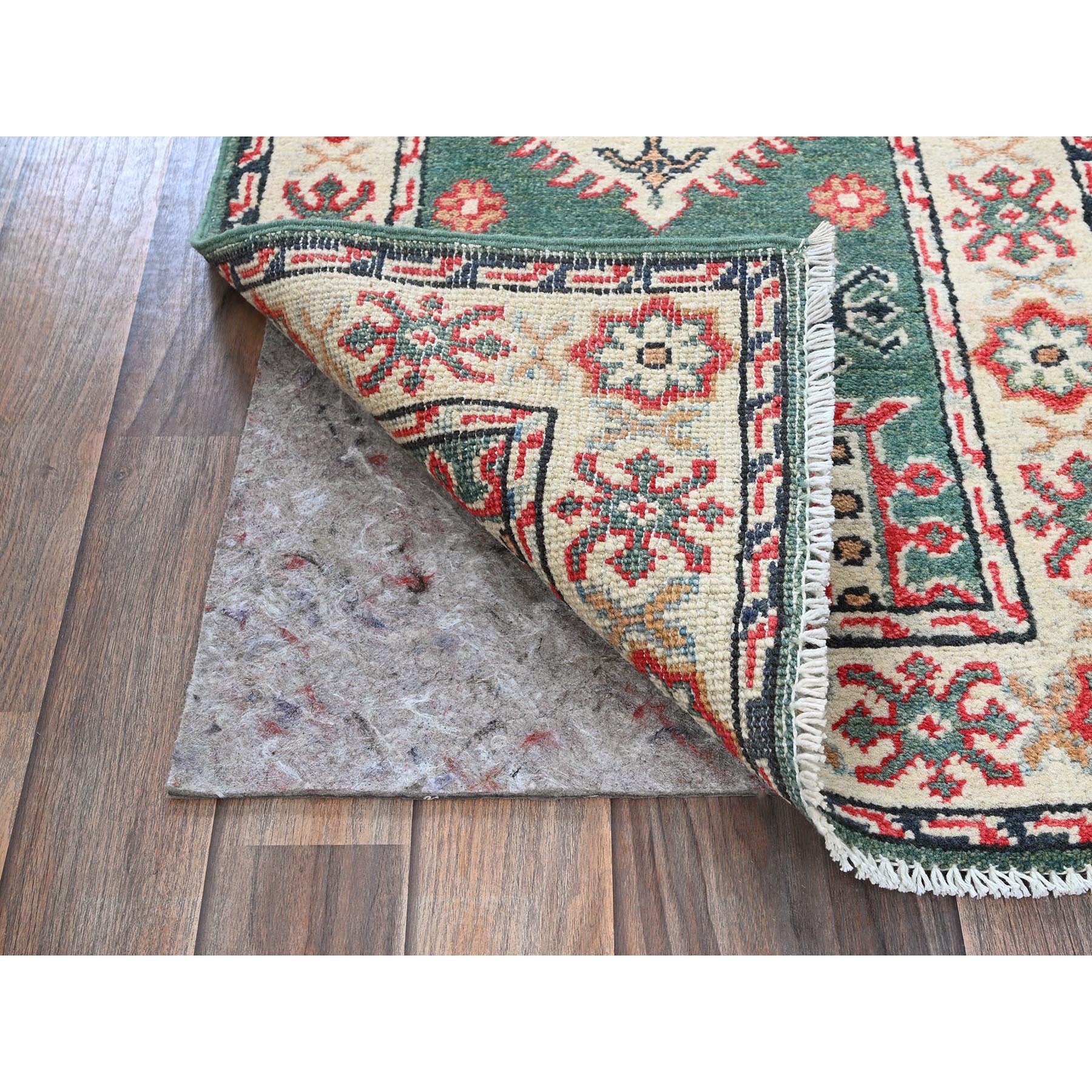 2'x5'10" Vivid Green, Kazak with Geometric Medallions Design, Soft and Velvety Wool, Hand Knotted, Denser Weave, Vegetable Dyes, Narrow Runner, Oriental Rug Sh504